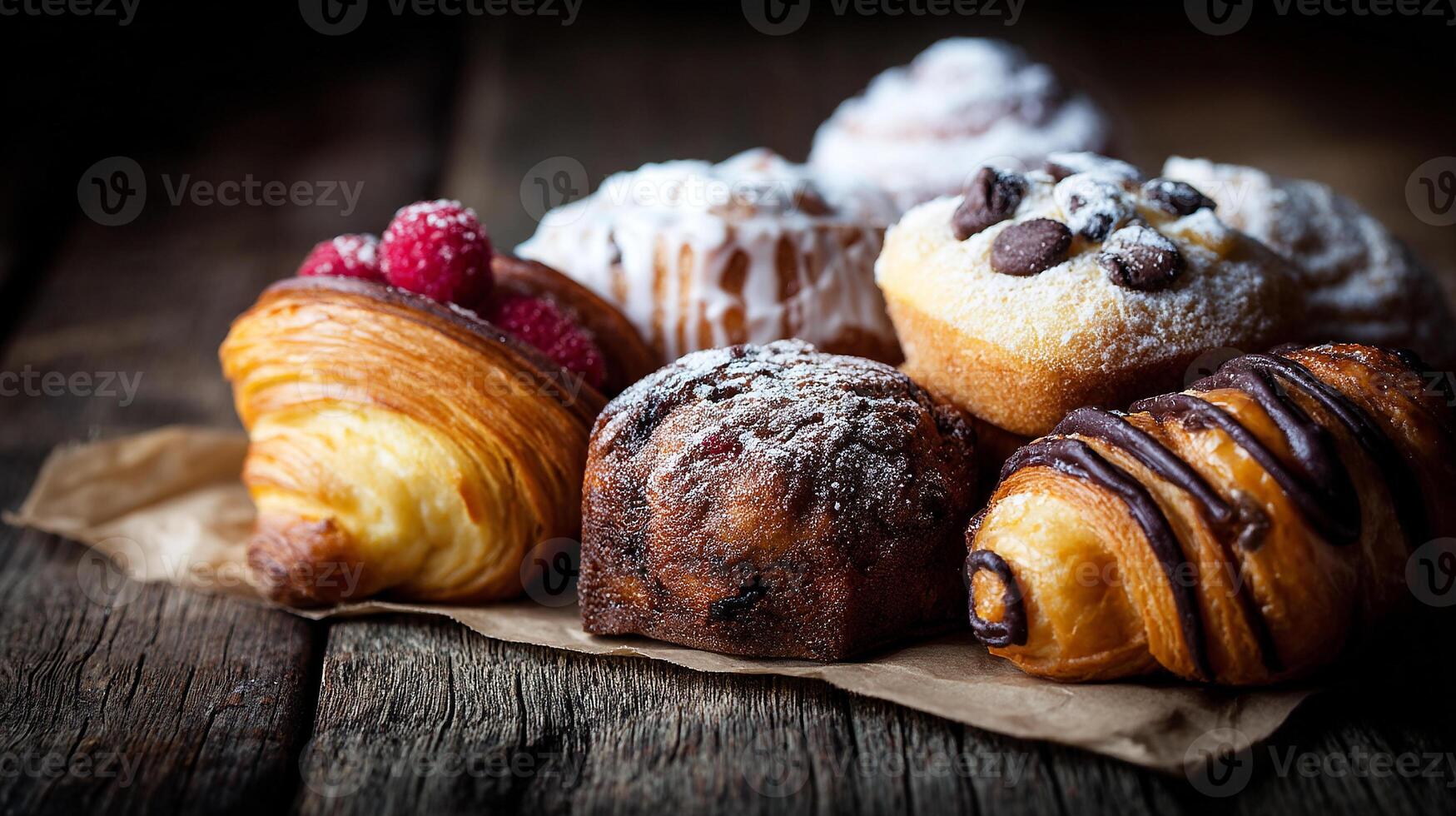 Assorted baked food in rustic bakery photo