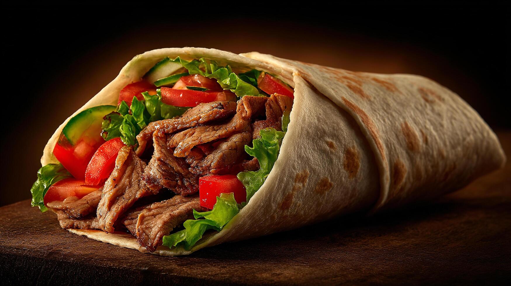 Studio photo of chicken shawarma roll on wooden board