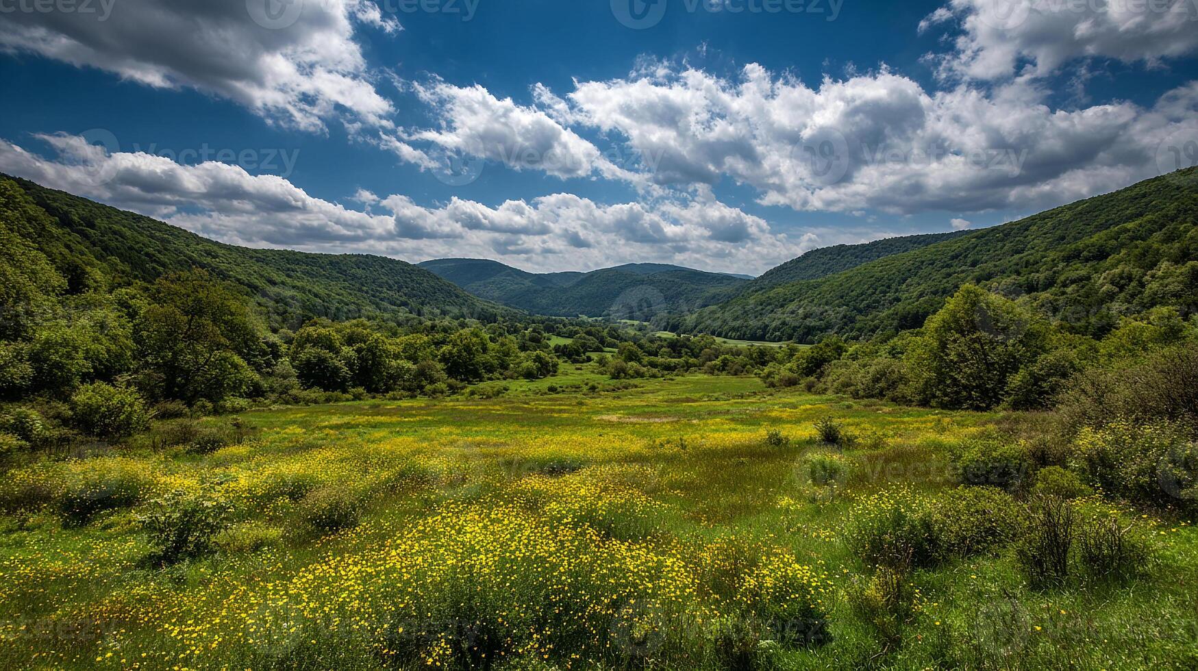 Summer countryside image under clear sunny blue sky photo