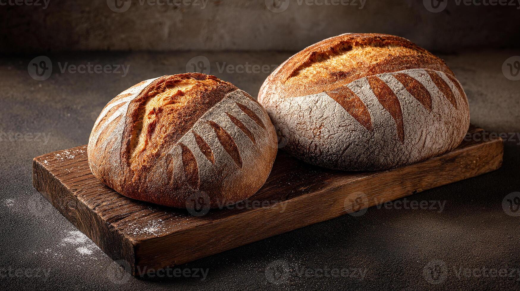 Delicious crusty bread loaf bread photo on aged wooden surface
