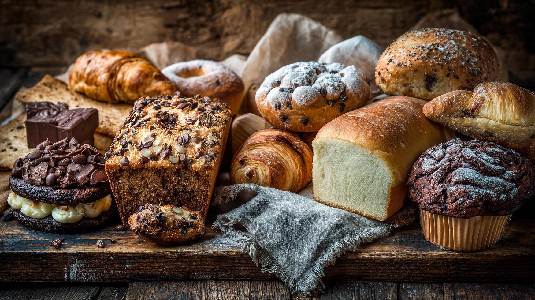 Assorted pastries rustic table photo close-up