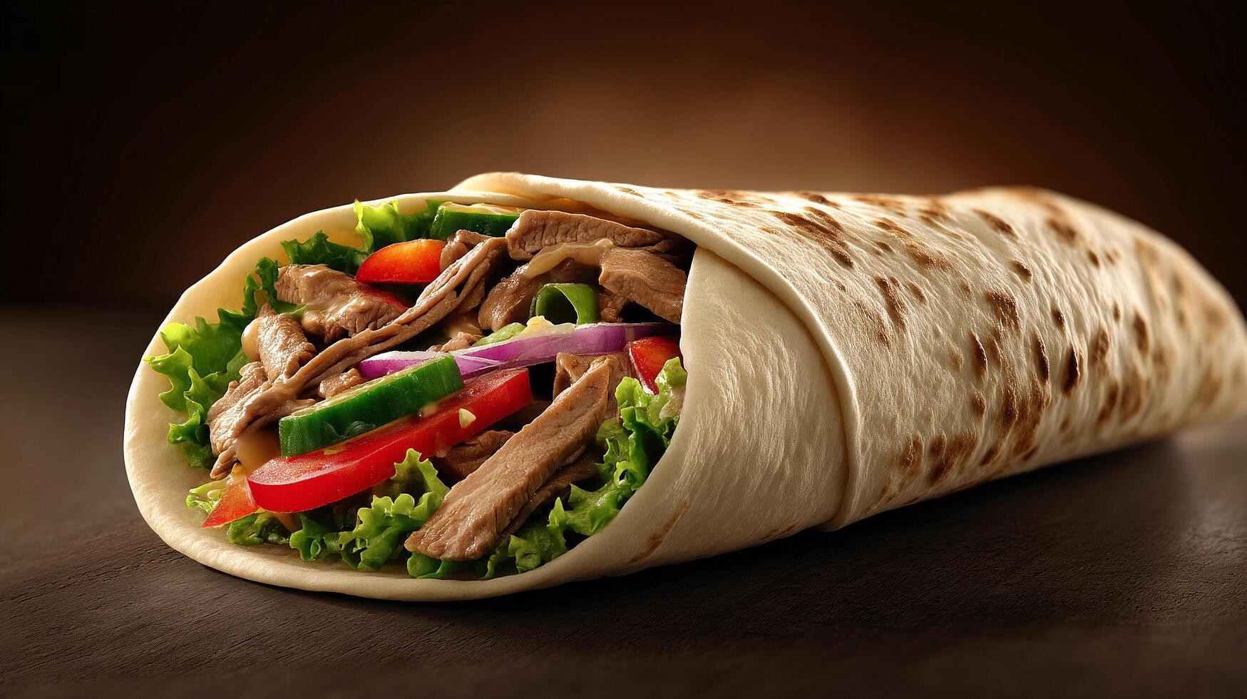 Fresh shawarma roll sandwich with meat and greens photography photo