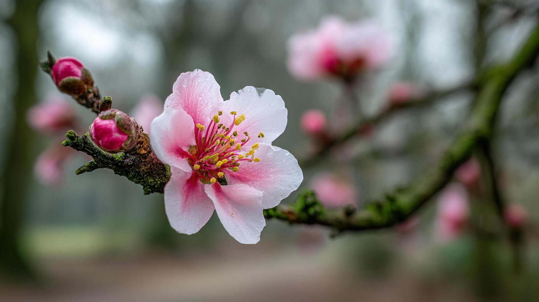 Natural flower on tree branch glowing in beautiful soft bokeh wallpaper photo