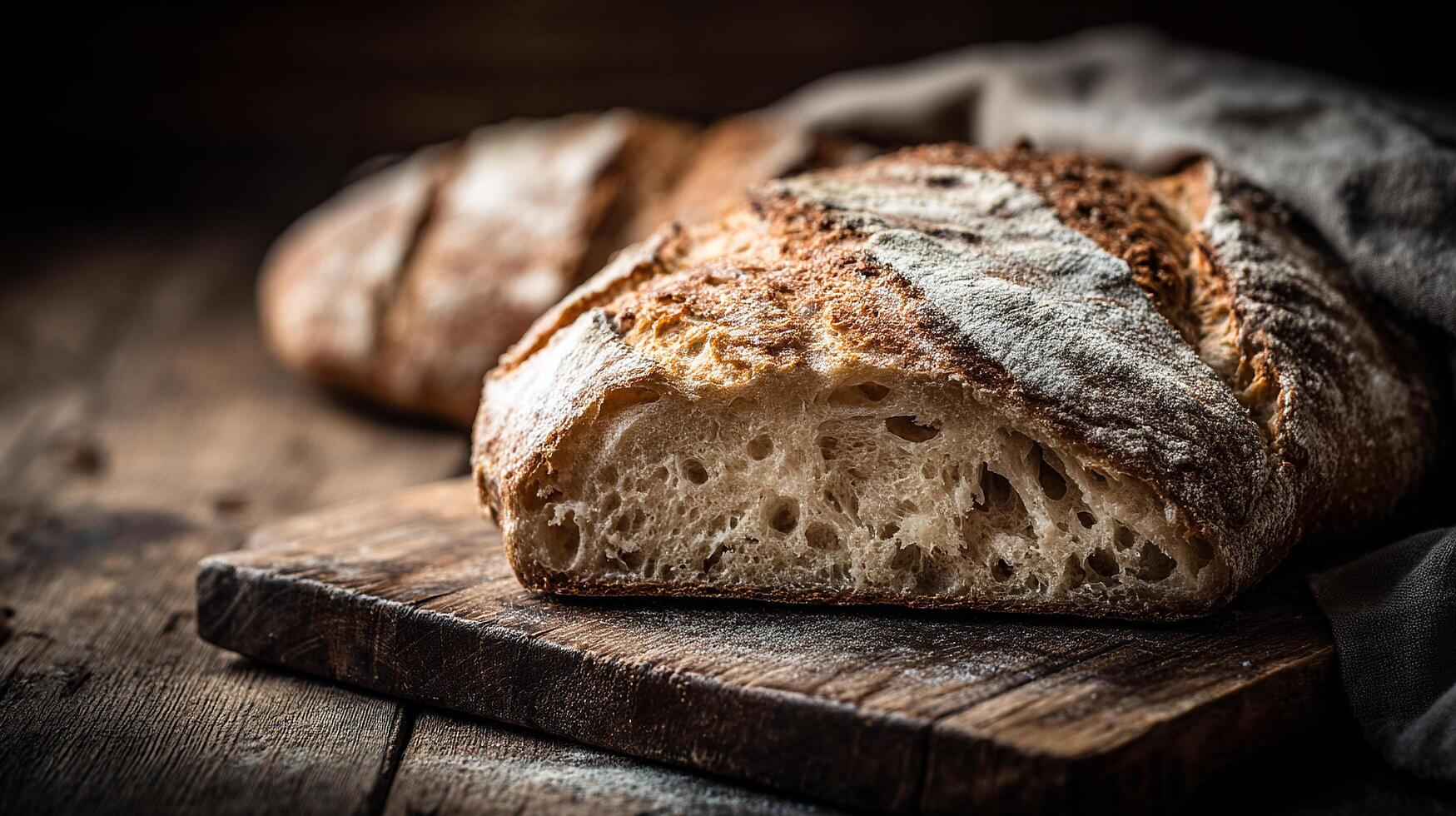 Artisan bread bread photo with emphasis on golden crust detail