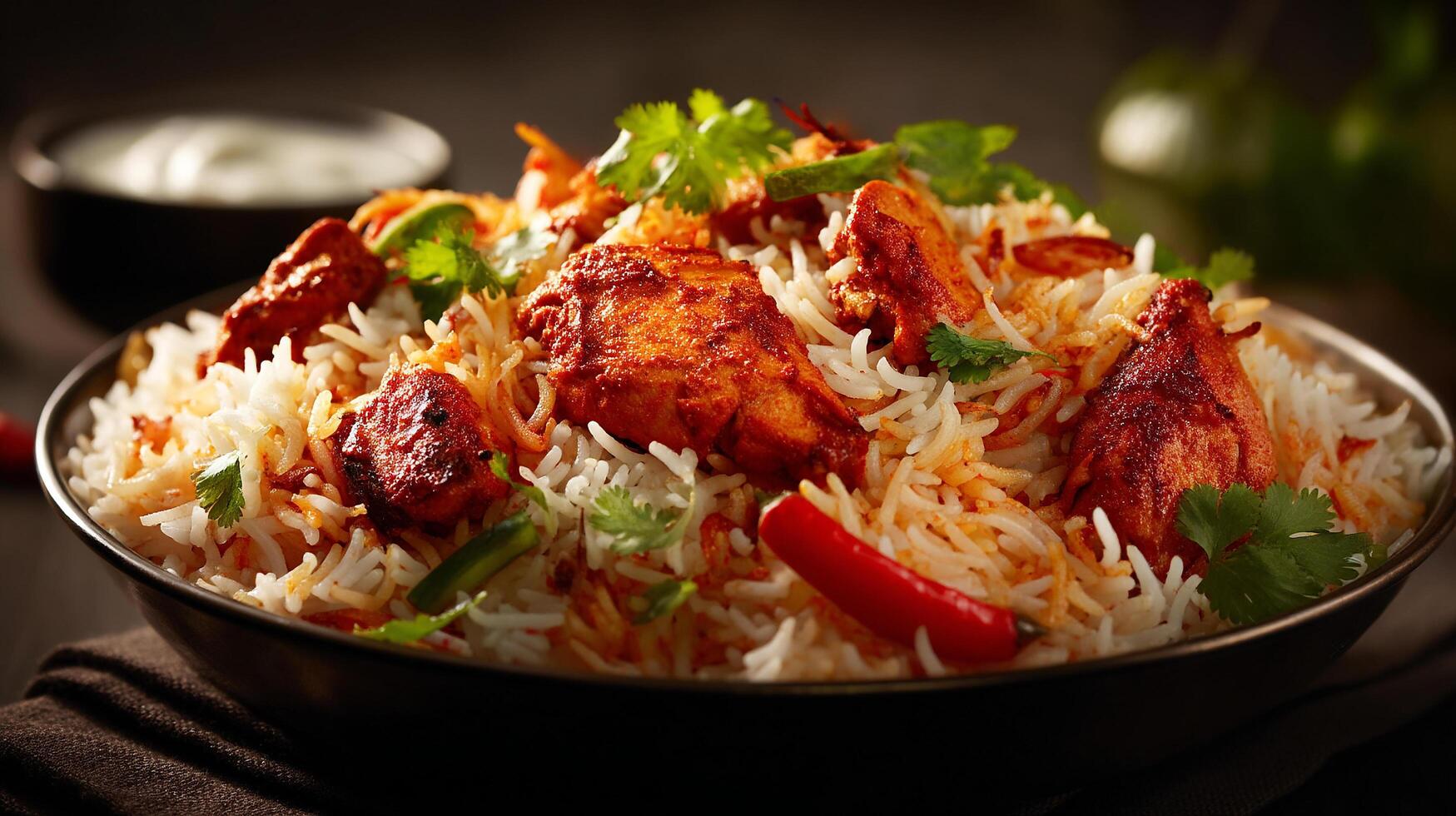 Full sharp biryani photo with authentic garnish and chicken