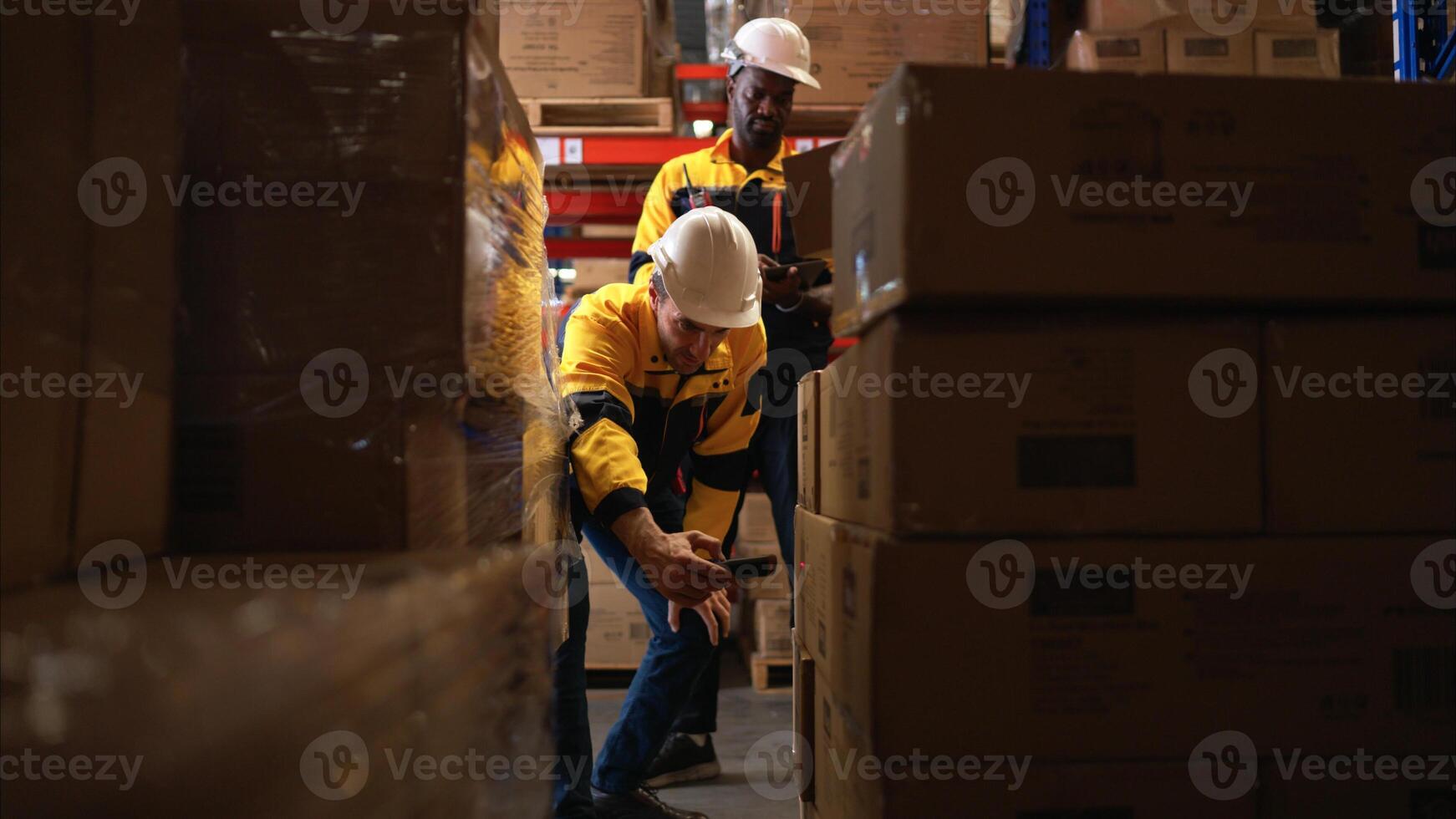 Two warehouse workers are reviewing the list of items based on the documentation,154 photo