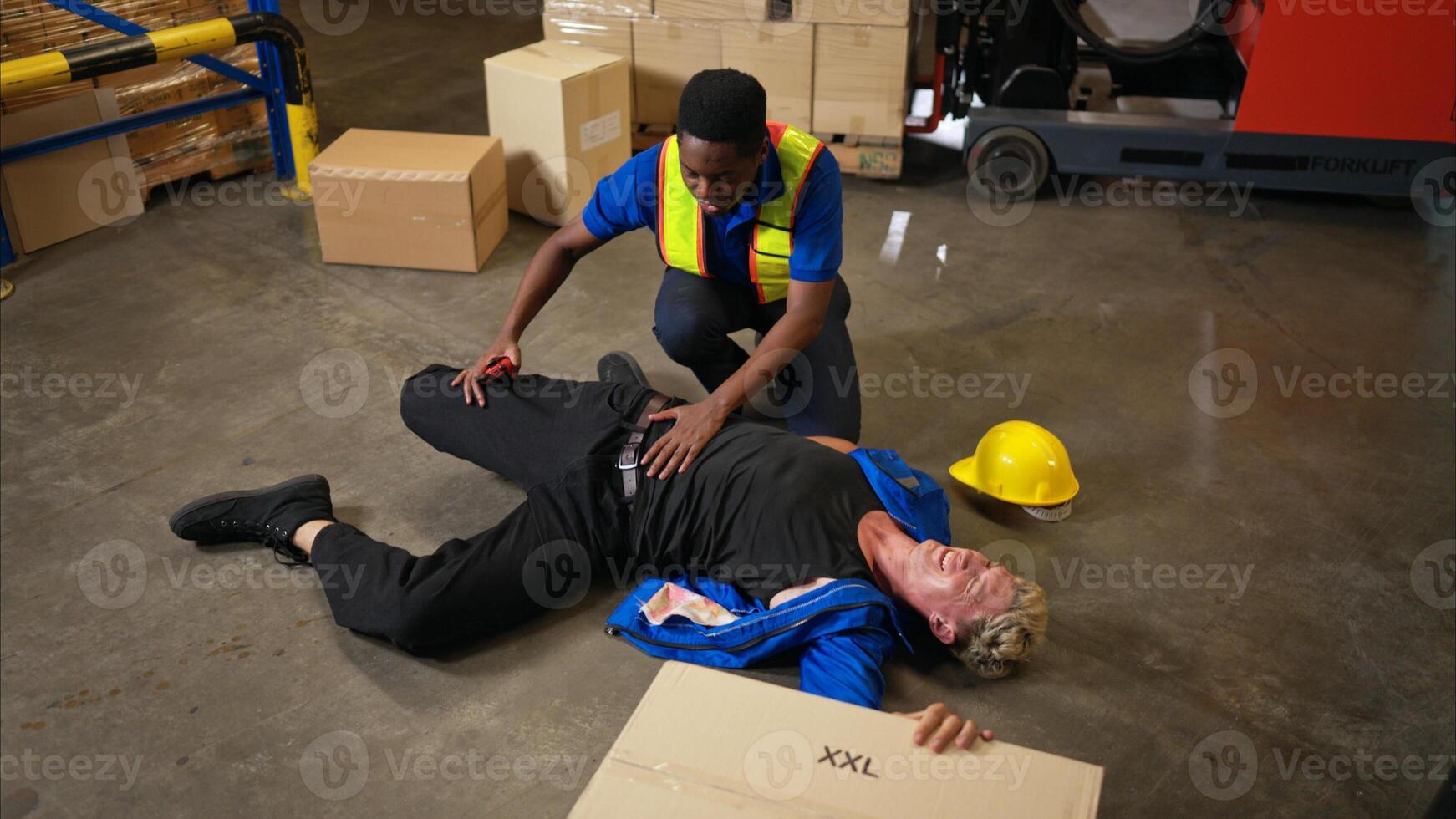 A group of warehouse workers were involved in an accident while on duty, Coworkers offered assistance and first aid,92 photo