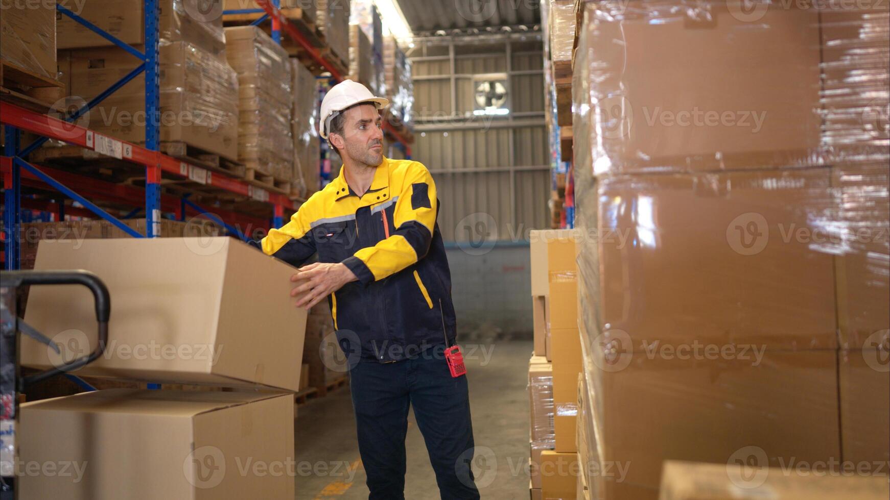 Two warehouse workers are lifting boxes of merchandise on a pallet jack to store on a shelf in a warehouse,75 photo