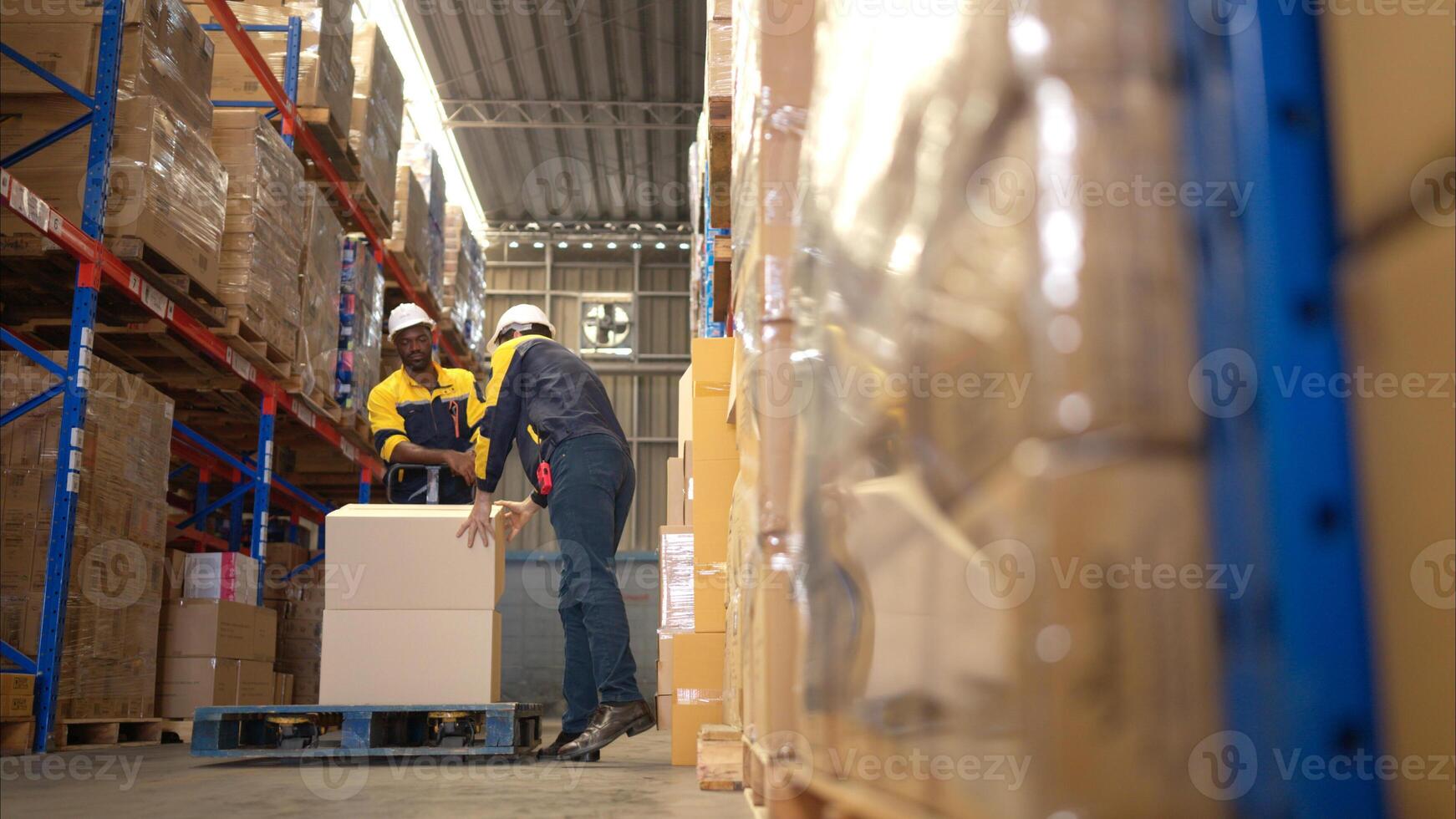 Two warehouse workers are lifting boxes of merchandise on a pallet jack to store on a shelf in a warehouse,66 photo