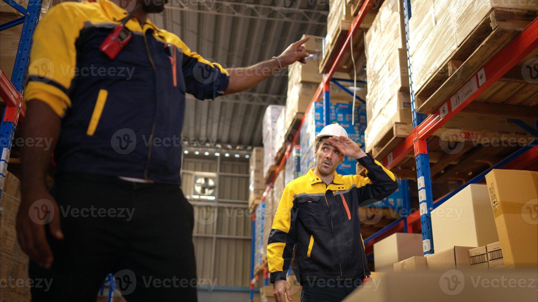 Two warehouse workers are lifting boxes of merchandise on a pallet jack to store on a shelf in a warehouse,25 photo