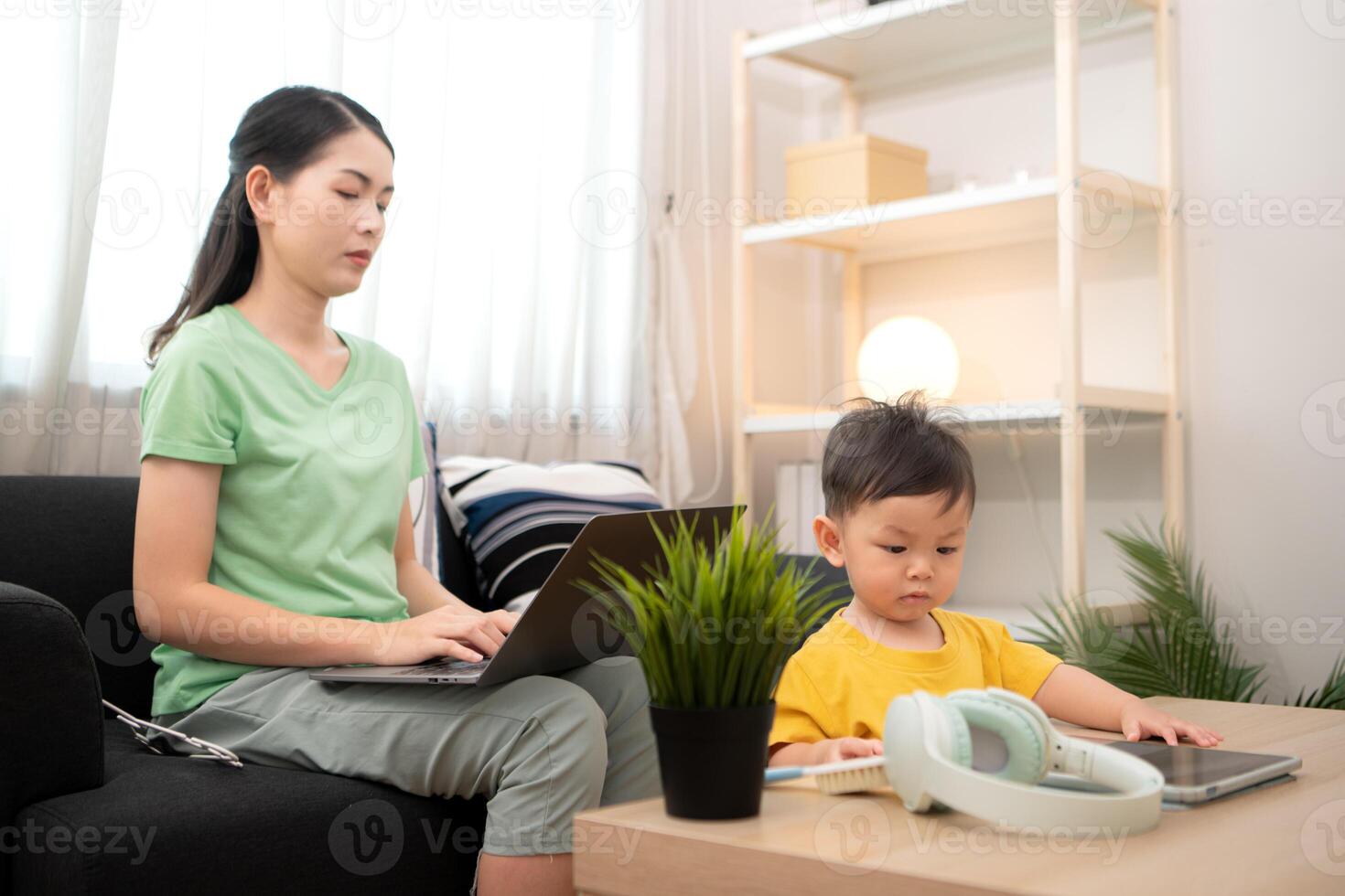 While in vacation at home, a mother engages in activities with little kid,94 photo