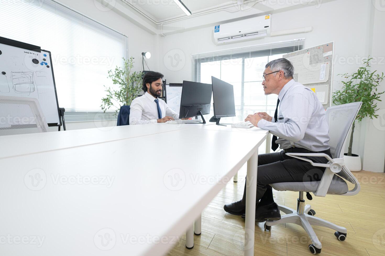 In a contemporary office, two senior executives with a mission to brainstorm and monitor,95 photo