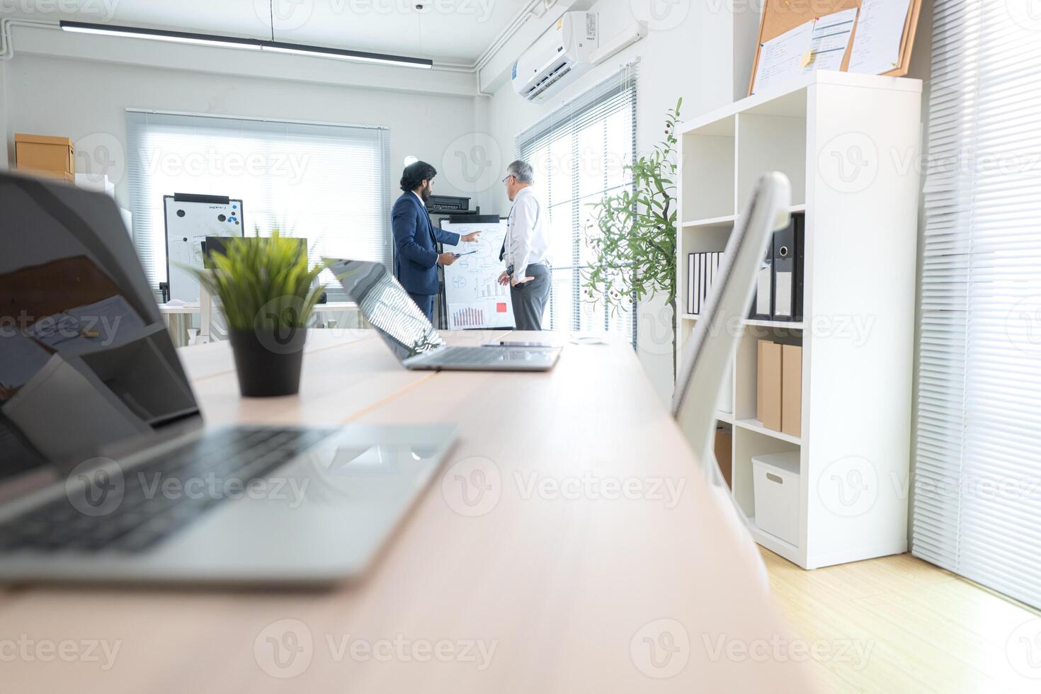 In a contemporary office, two senior executives with a mission to brainstorm and monitor,87 photo