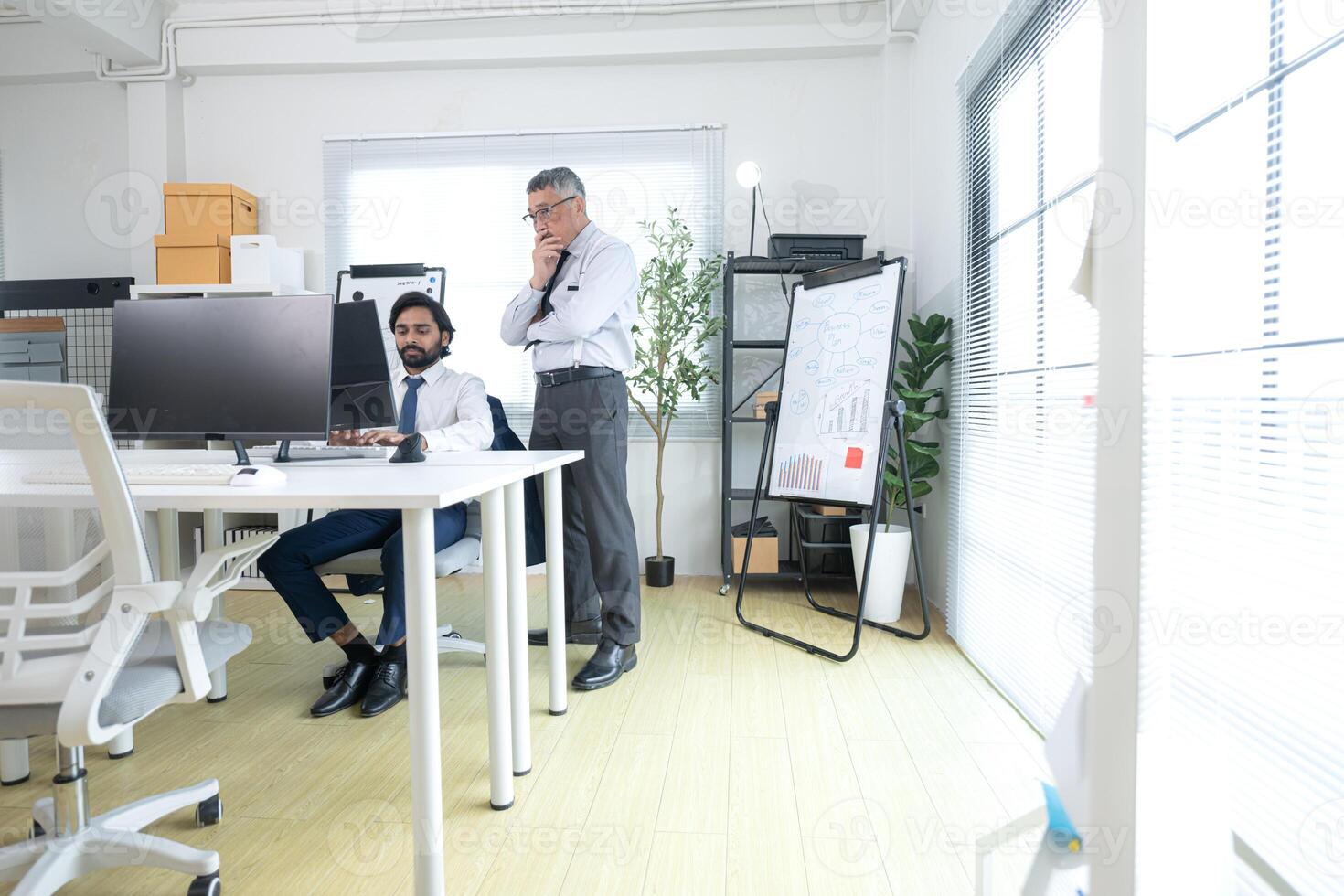 In a contemporary office, two senior executives with a mission to brainstorm and monitor,83 photo