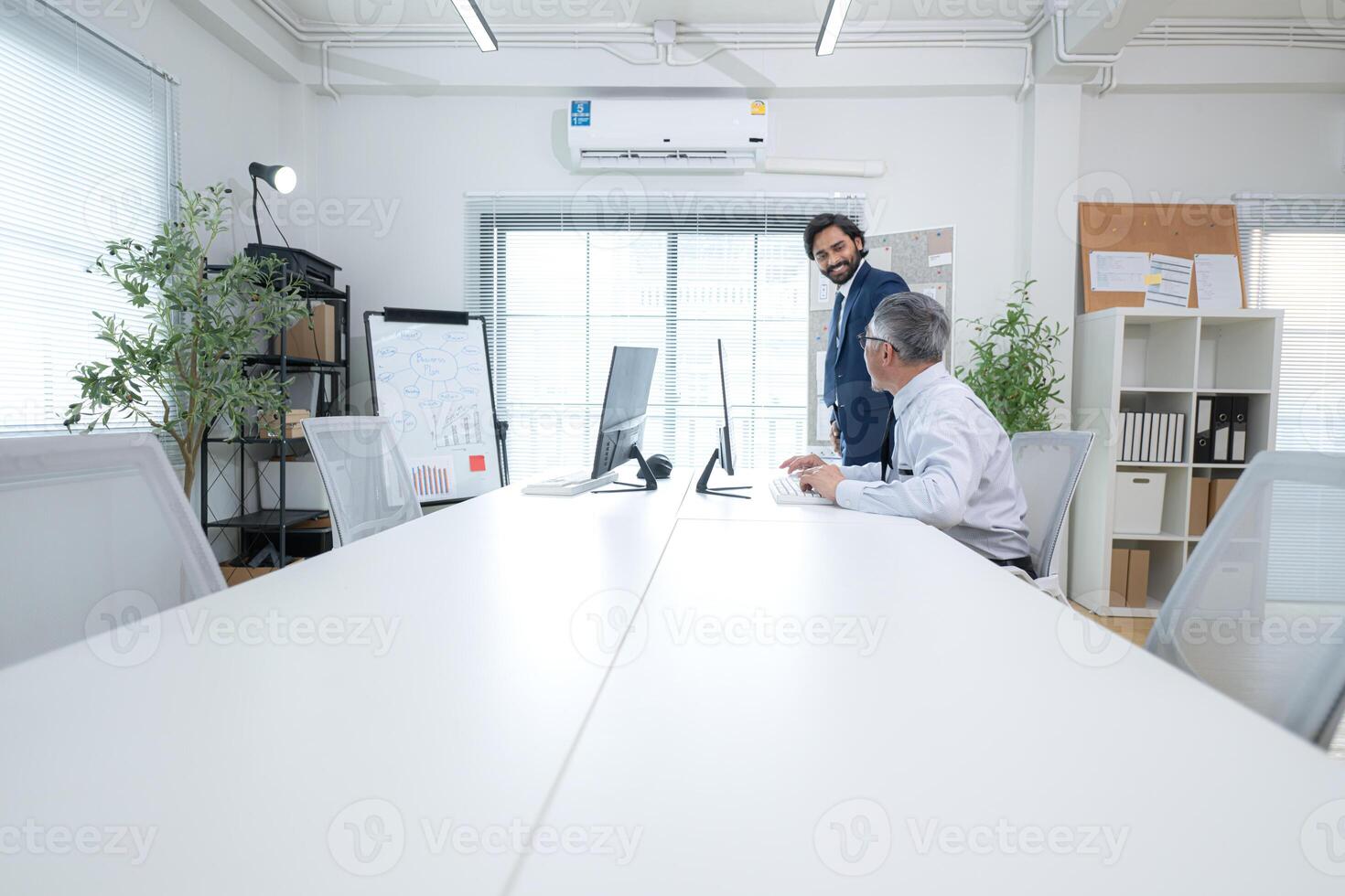 In a contemporary office, two senior executives with a mission to brainstorm and monitor,85 photo