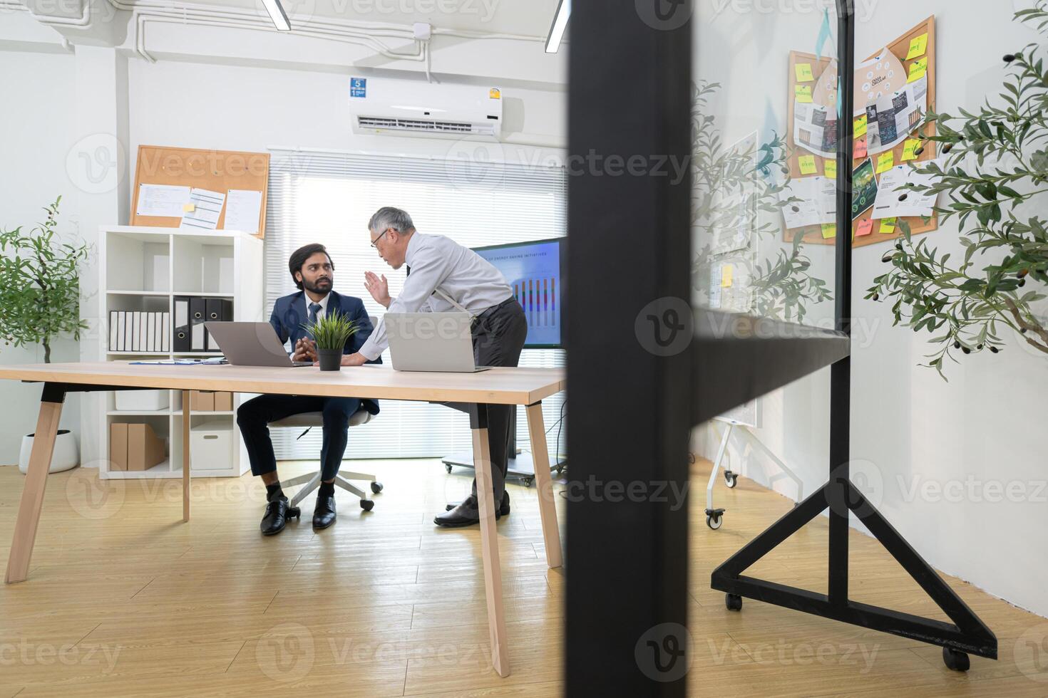 In a contemporary office, two senior executives with a mission to brainstorm and monitor,21 photo