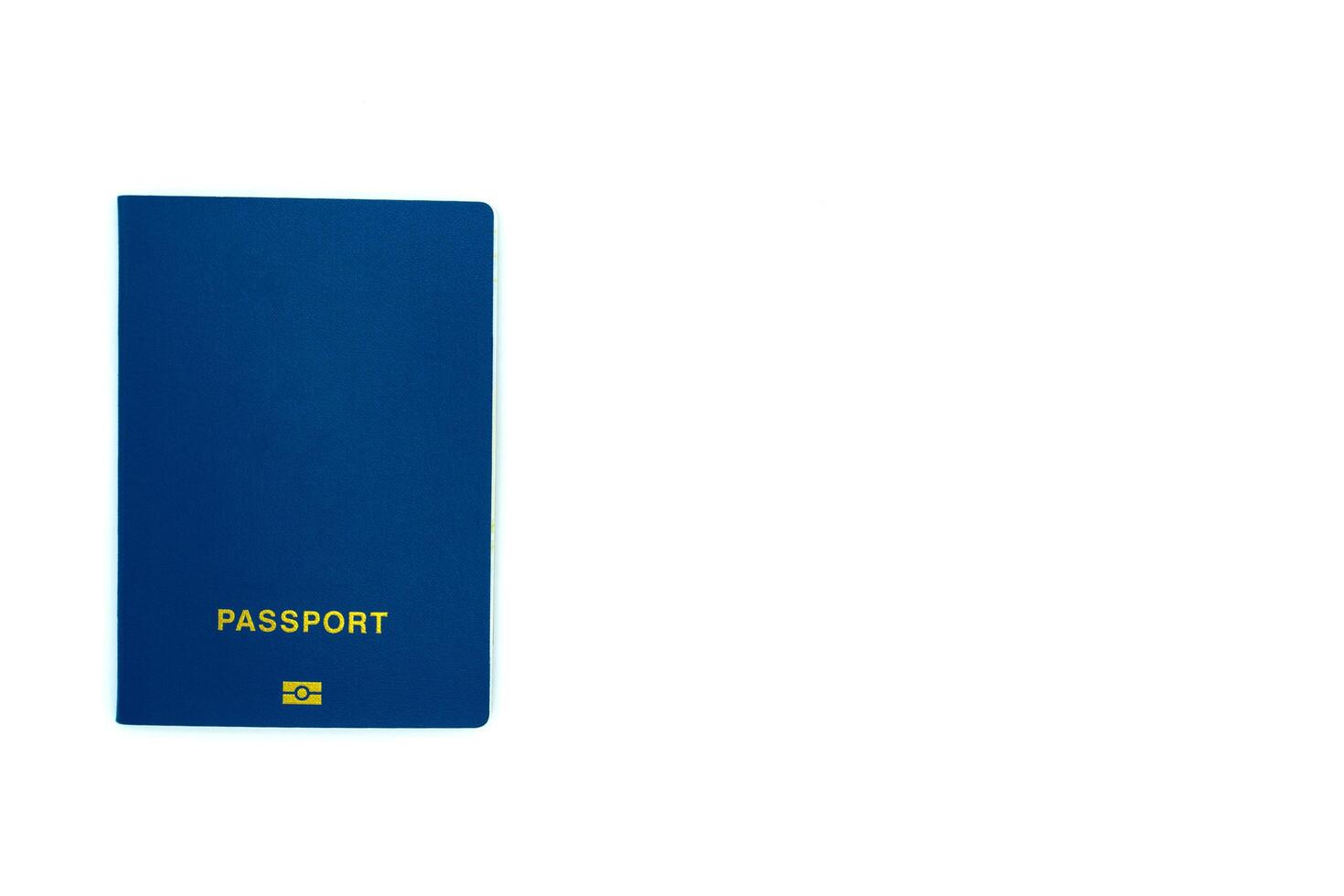 Blank blue passport on white background. Copy space for text photo