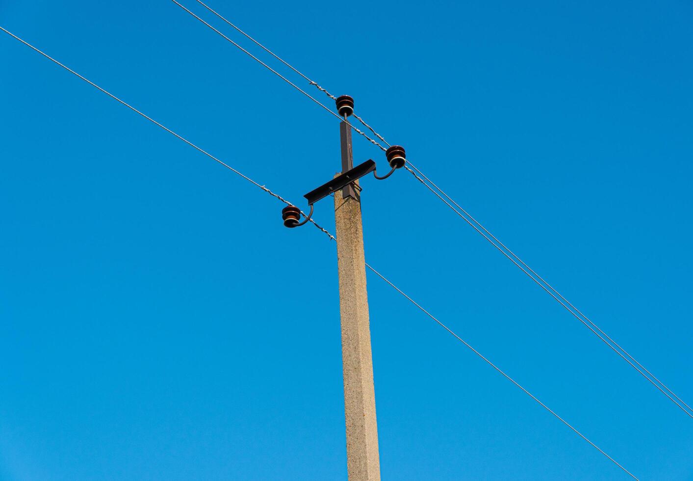 An electricity supply pylon a blue sky background. Concept of power line. Energy or power image photo