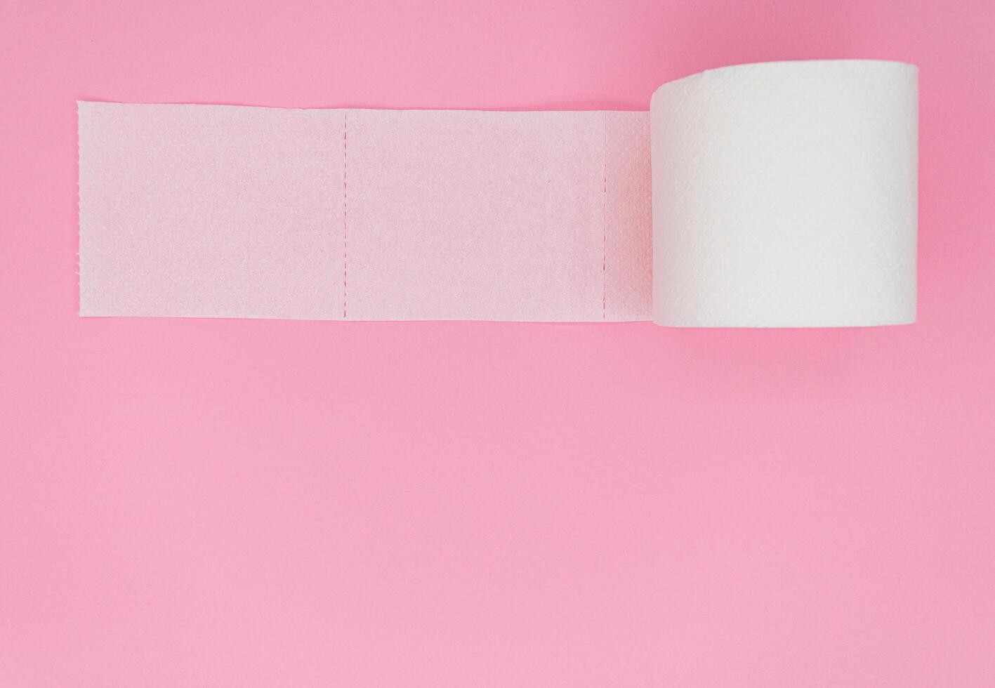 One toilet paper roll isolated on pink background. Pastel color. Hygiene concept photo