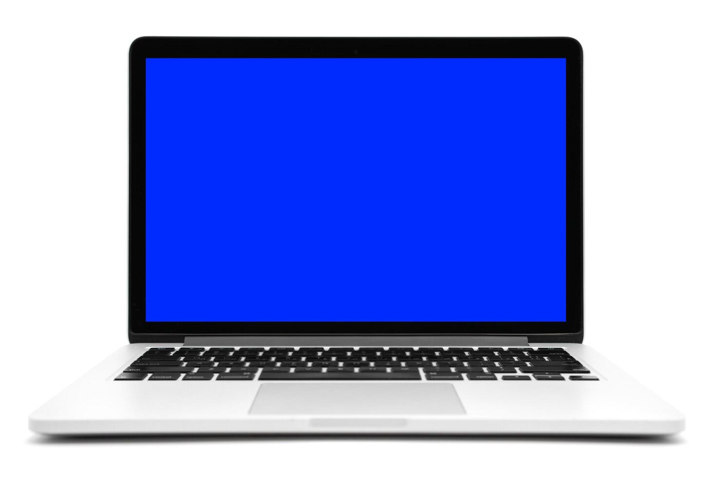 Portable modern computer with blue screen, blank screen, on a white background photo