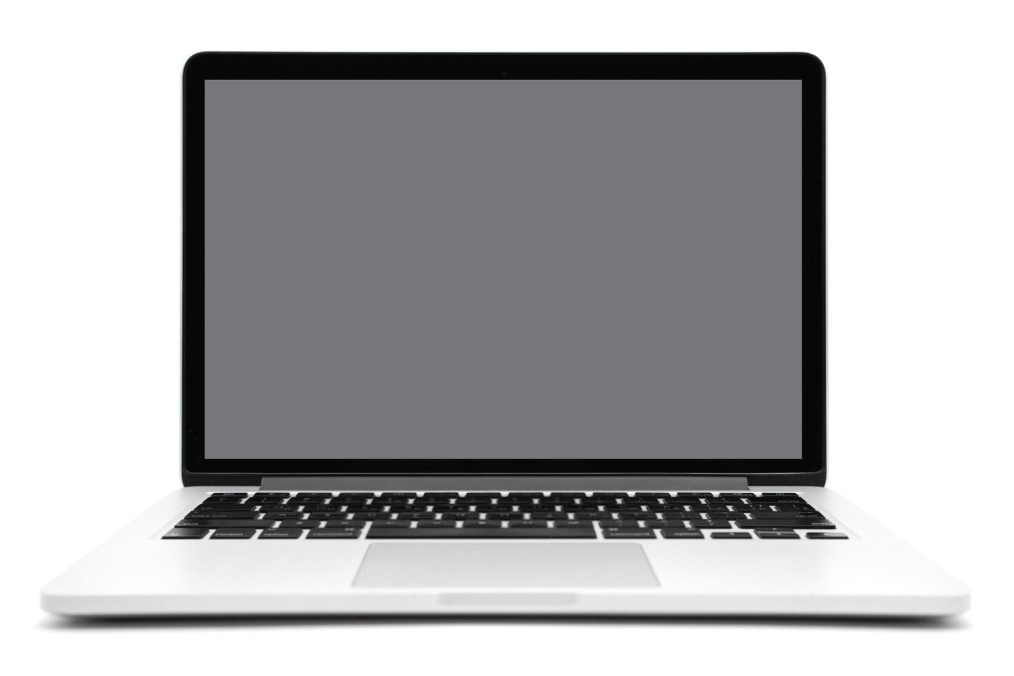 Laptop computer with grey screen isolated on white background photo