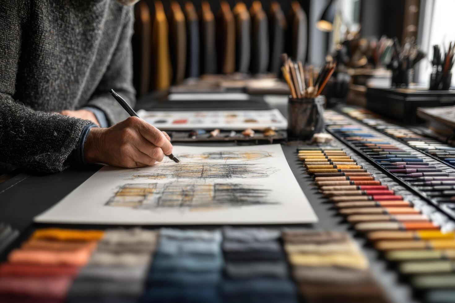 A man is drawing on a piece of paper with a pencil photo