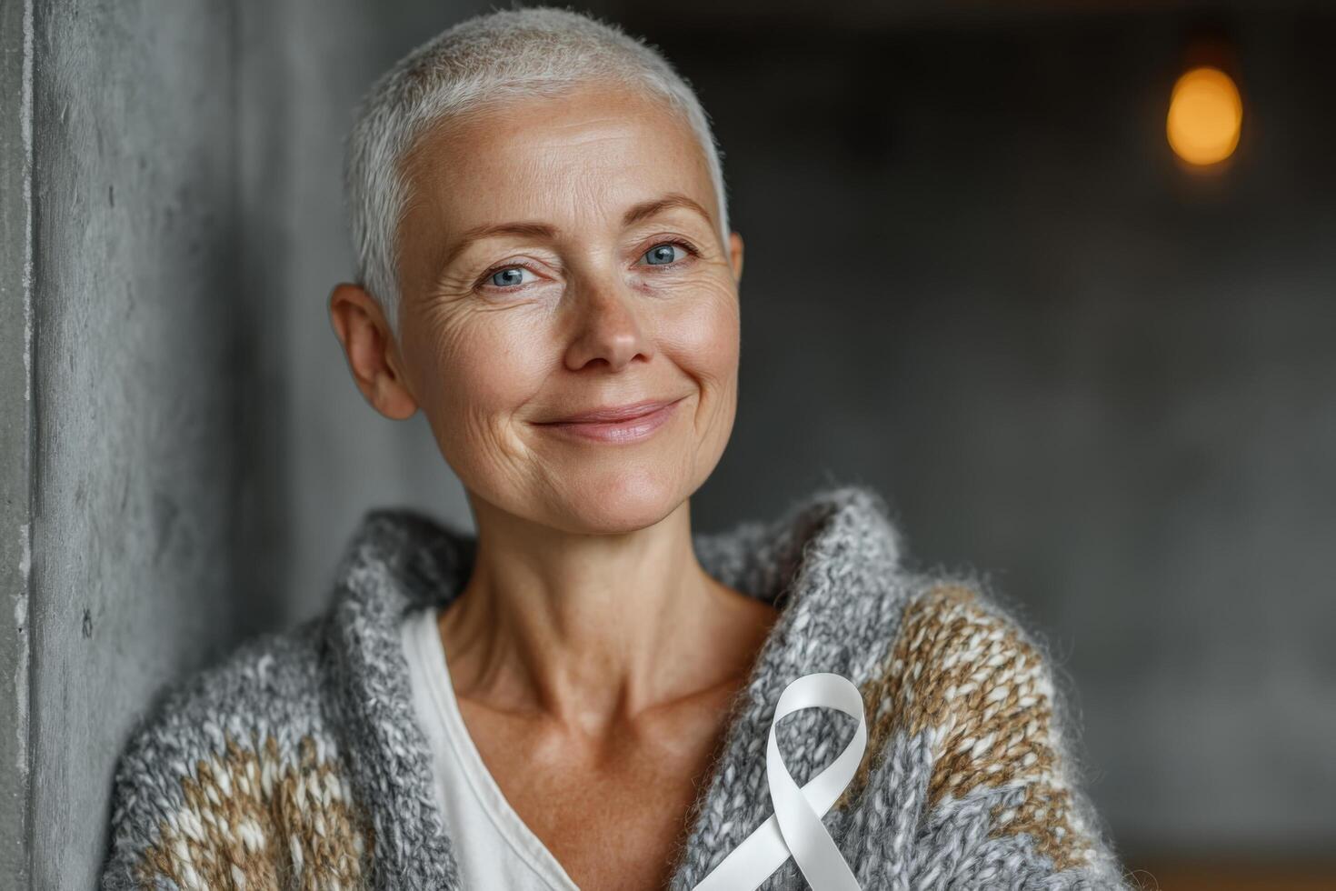 A woman with a white ribbon on her sweater photo