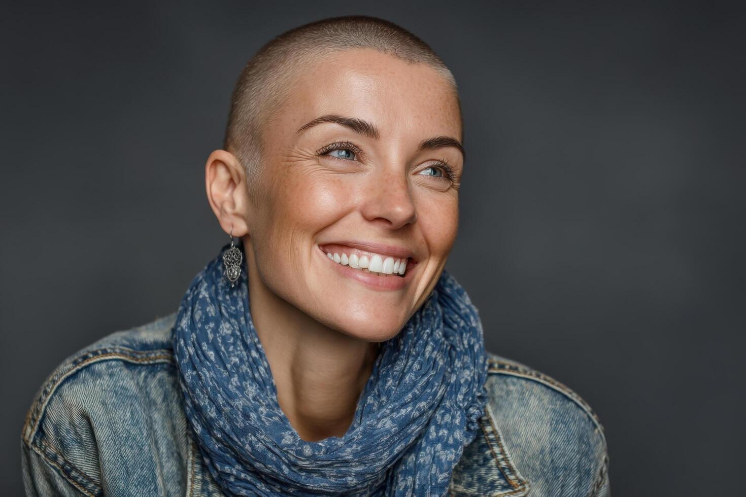 A woman with shaved hair and a blue scarf photo