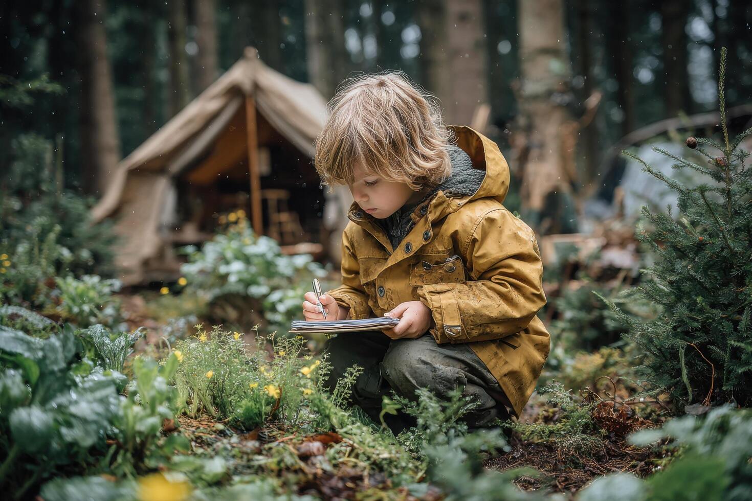 A young boy in a forest using a tablet photo