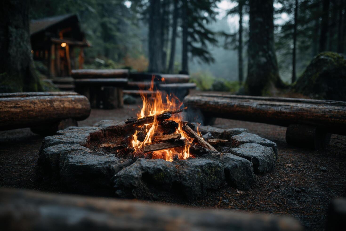 A fire pit in the woods with logs and logs photo
