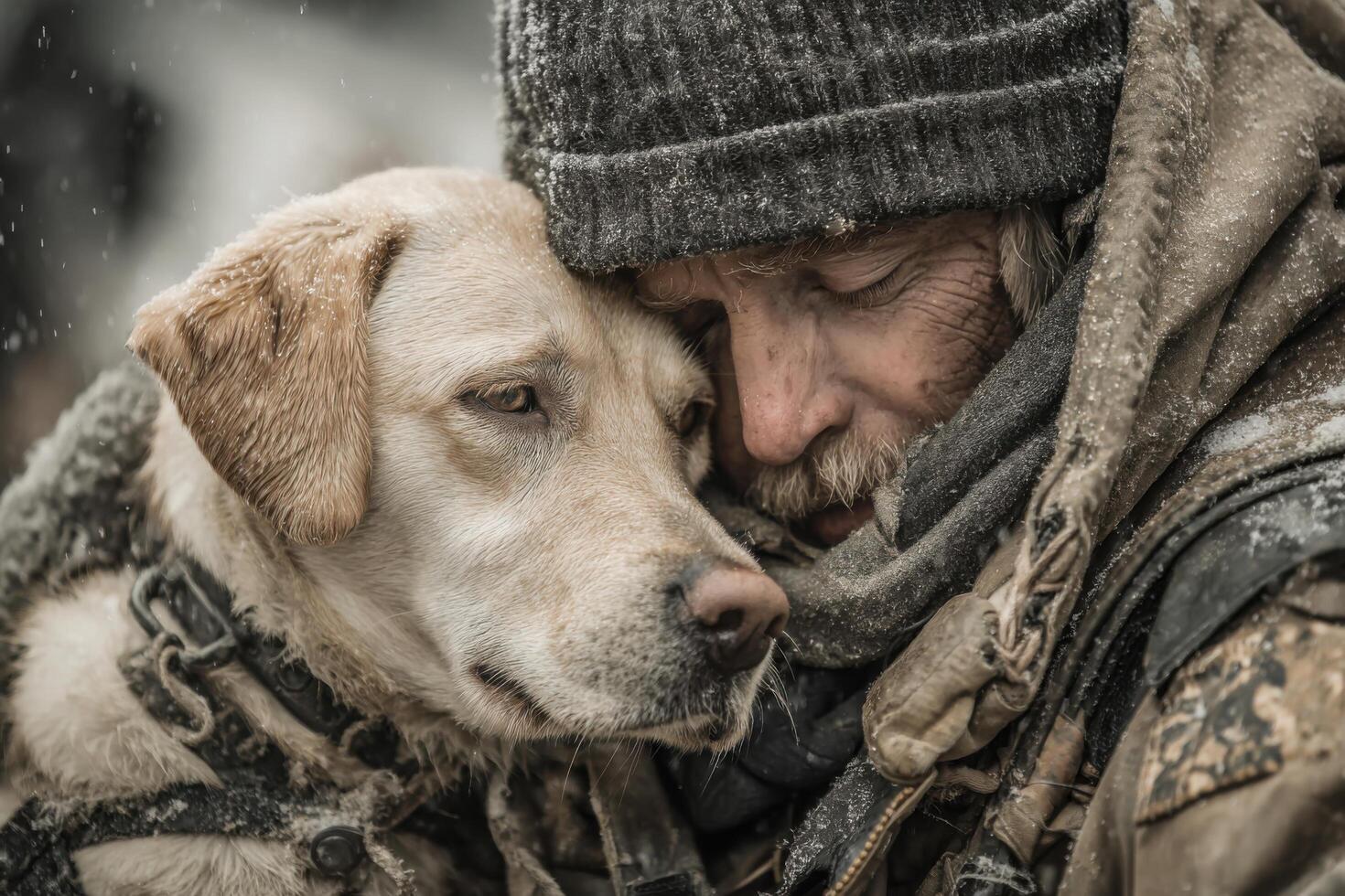 A man is hugging his dog in the snow photo