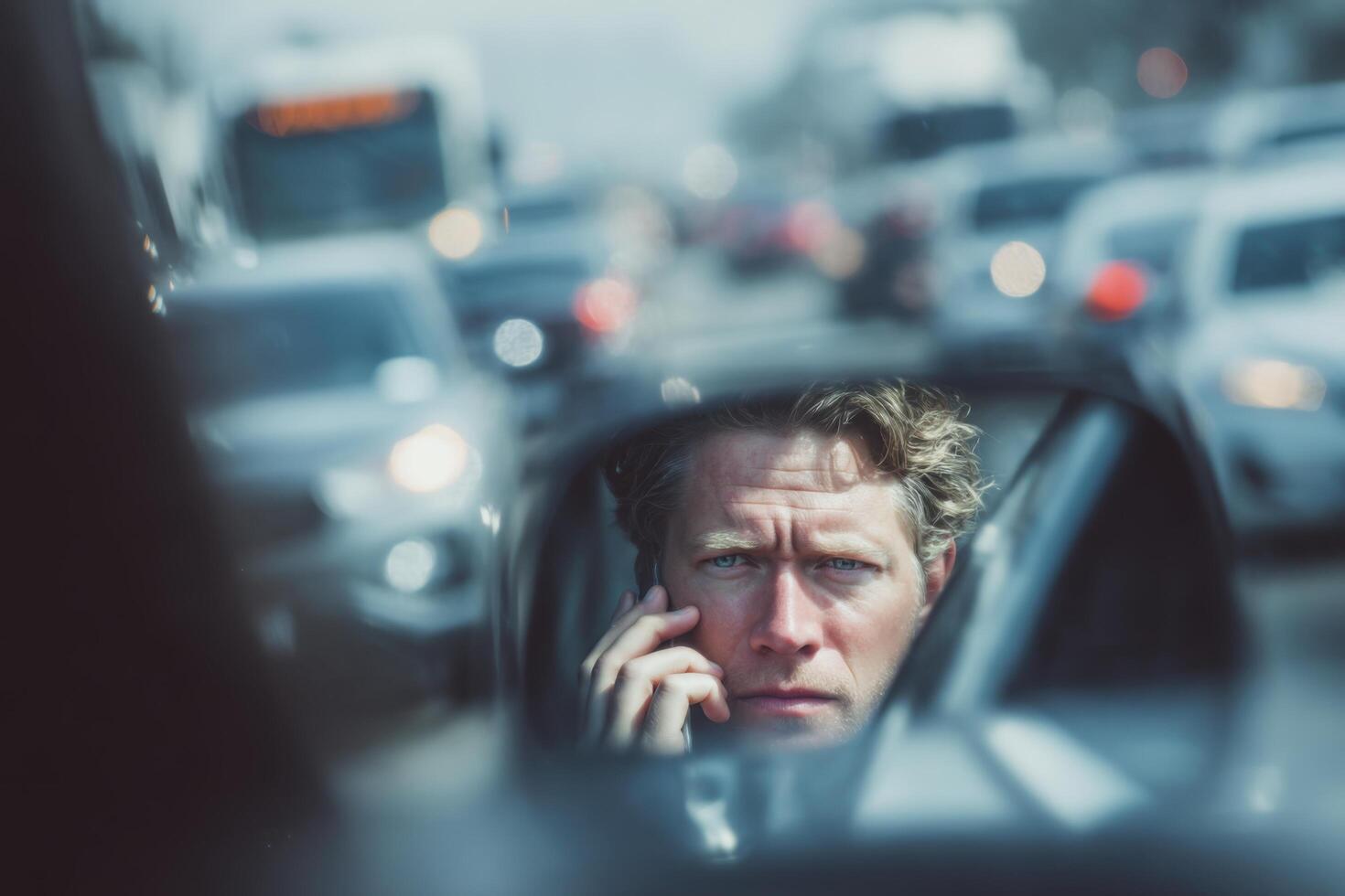 A man on a cell phone in the rear view mirror of a car photo