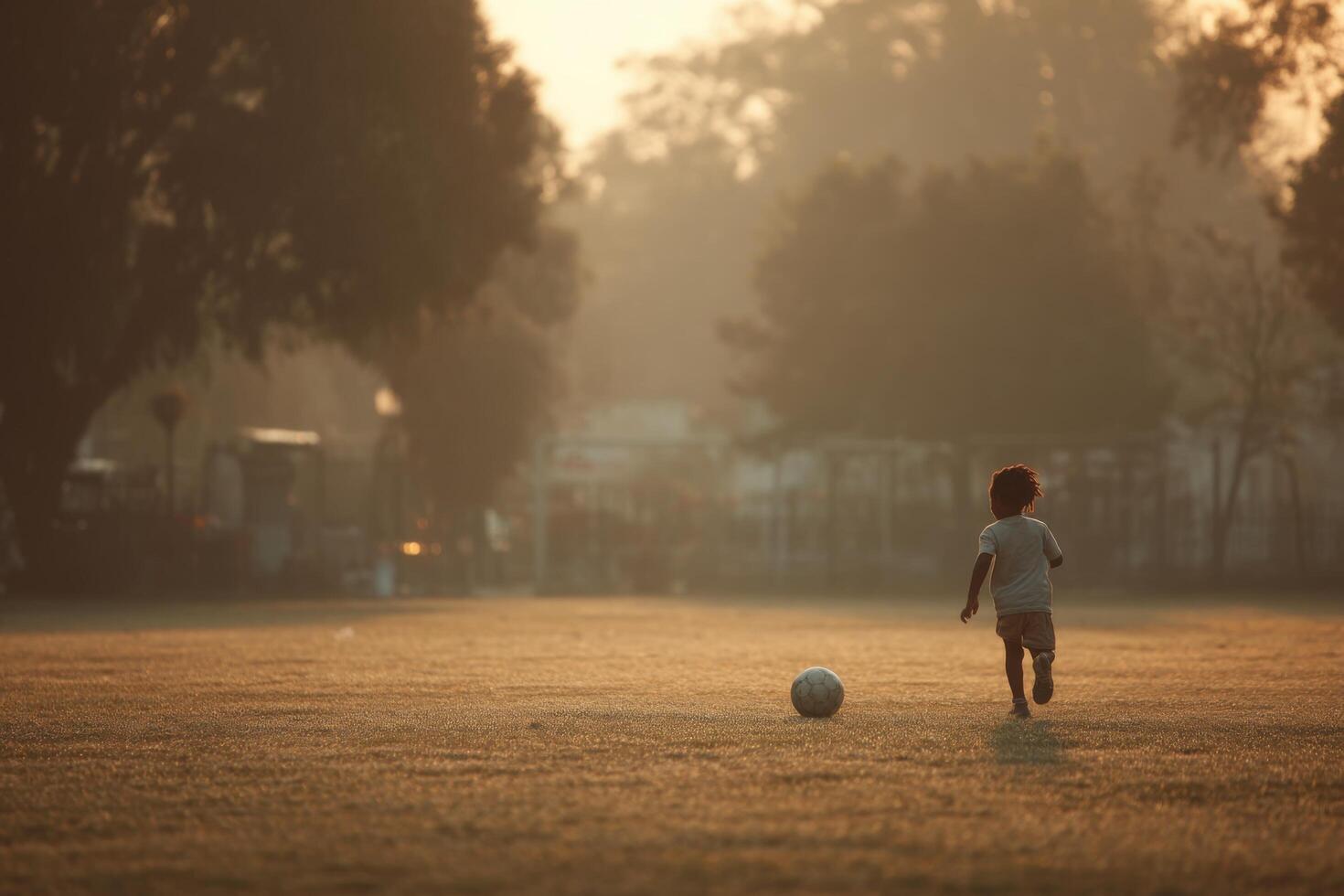 A young boy walking on a field with a soccer ball photo