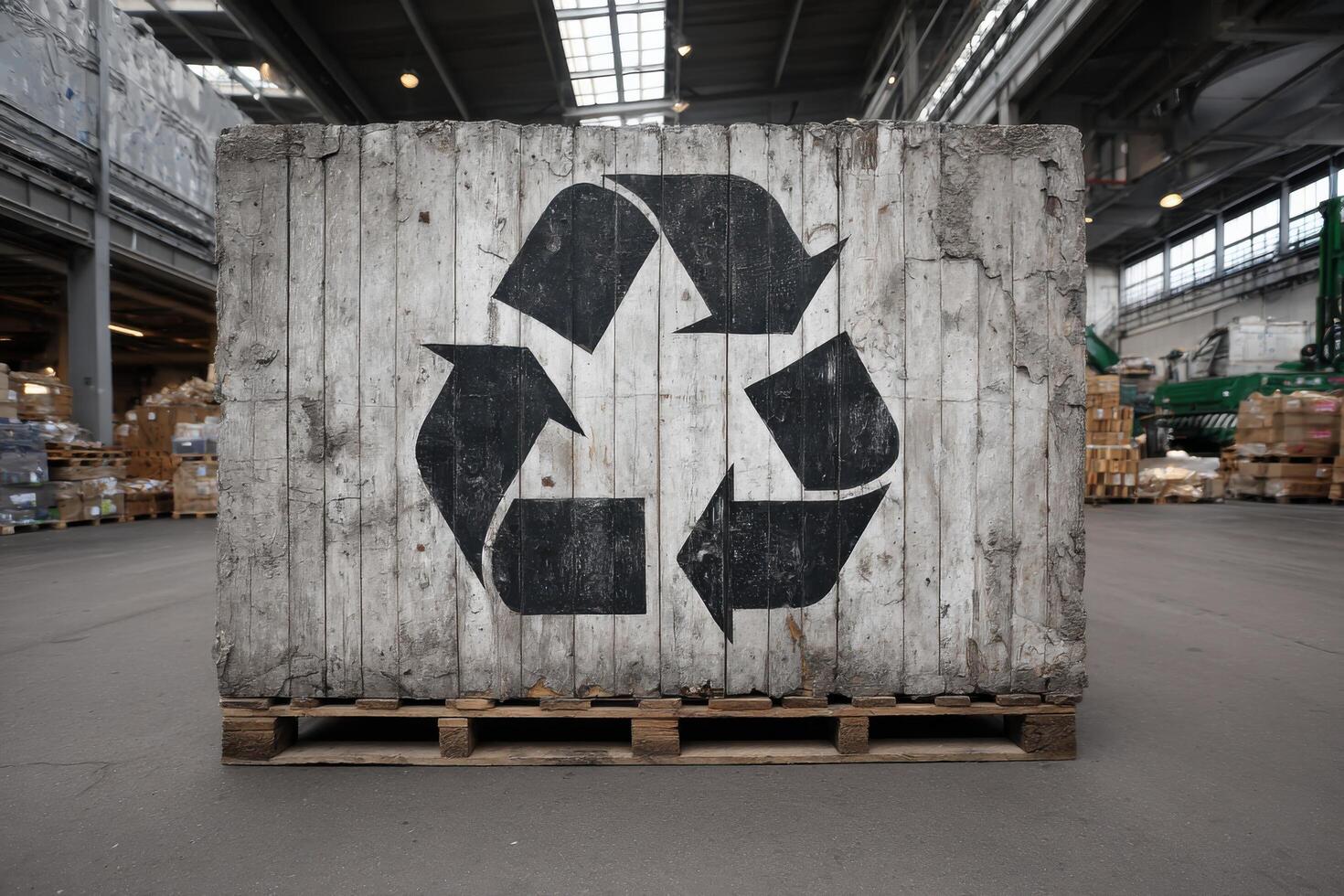 A wooden crate with a recycling symbol on it photo