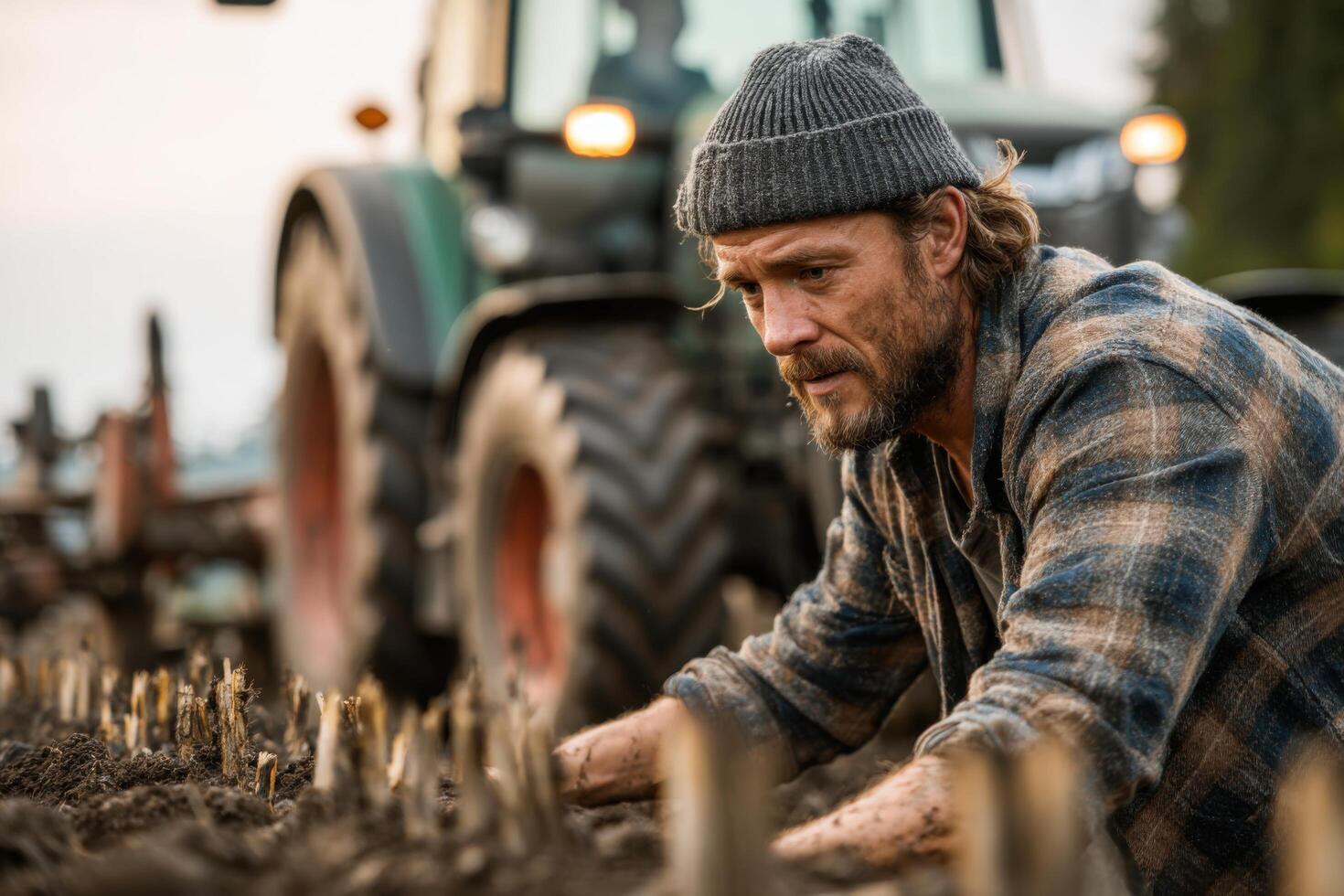 A man is kneeling in the dirt with a tractor photo