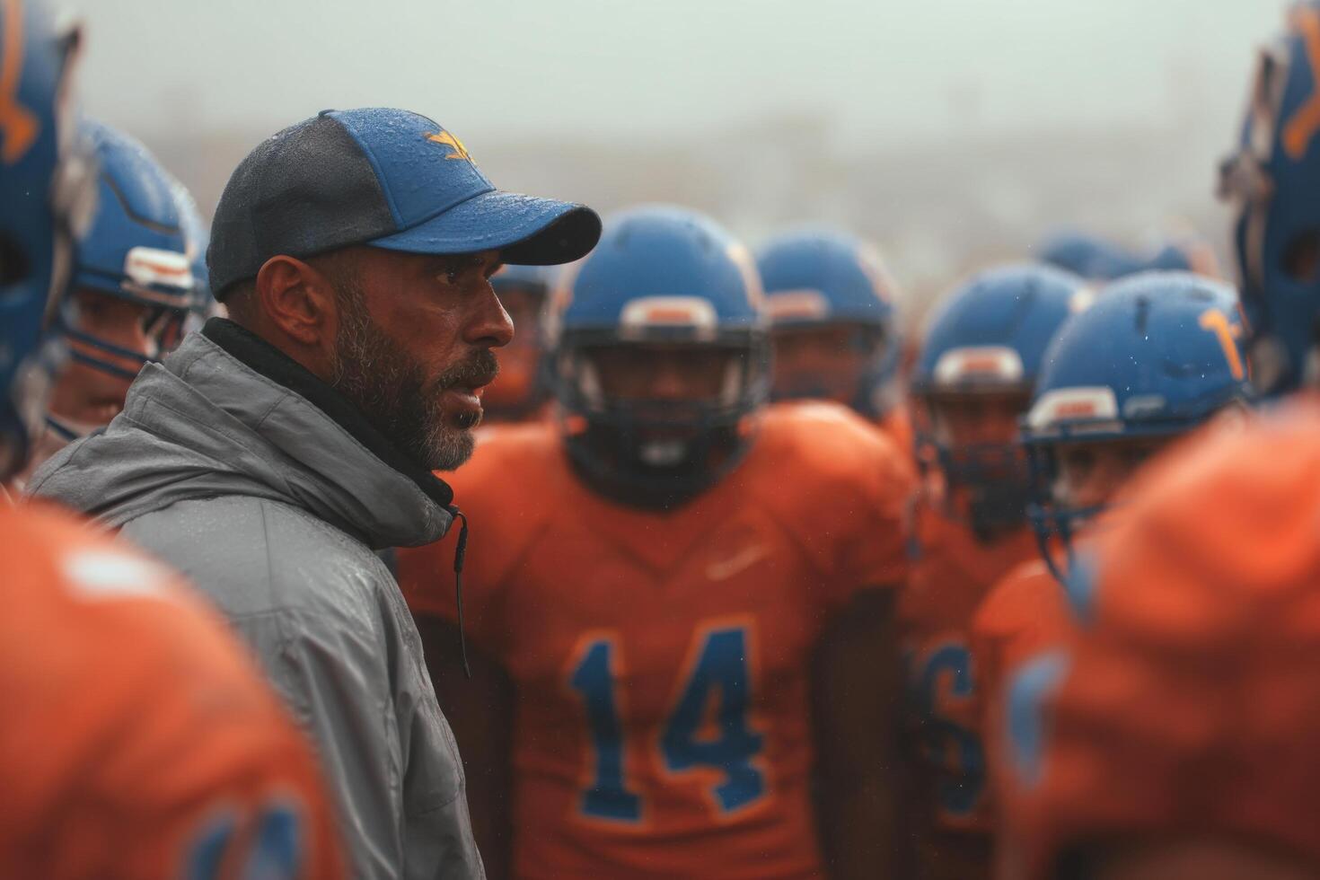 A coach talking to his team on the field photo