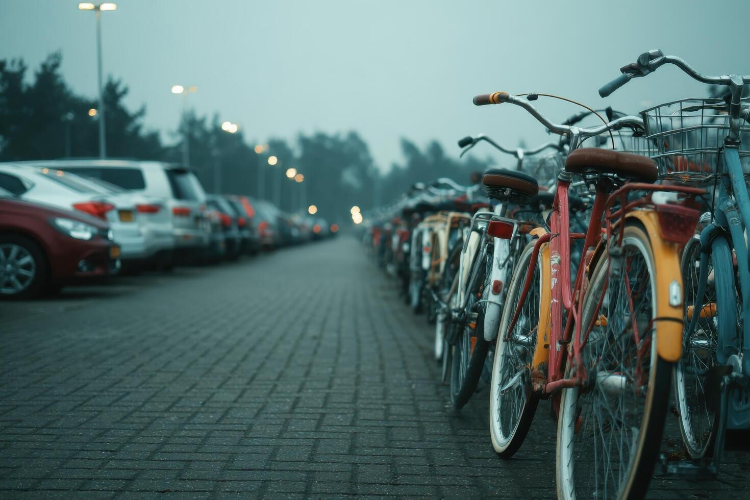 A row of parked bicycles photo