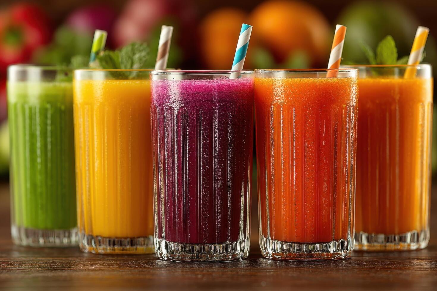 Five different colored smoothies in glasses on a wooden table photo