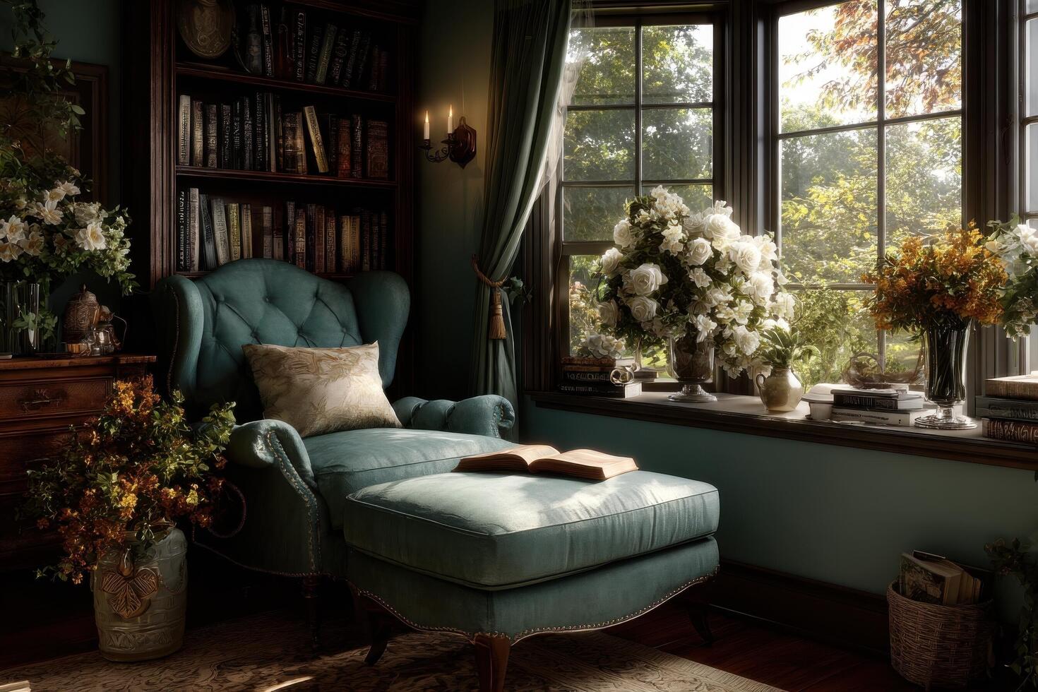 A room with a blue chair and bookshelf photo