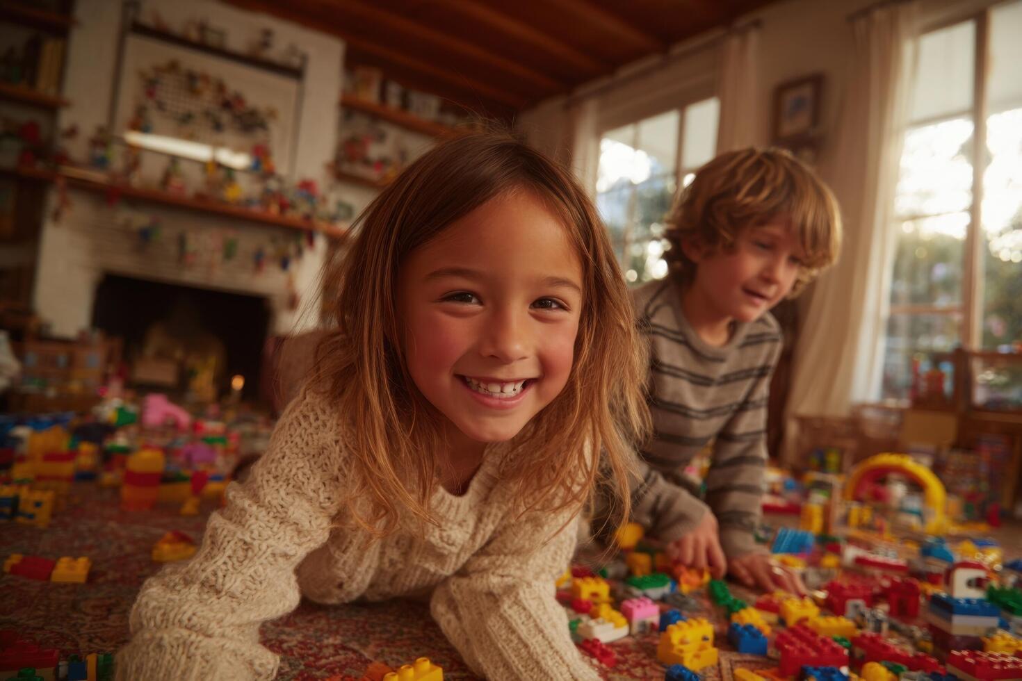Two children playing with legos in a room photo
