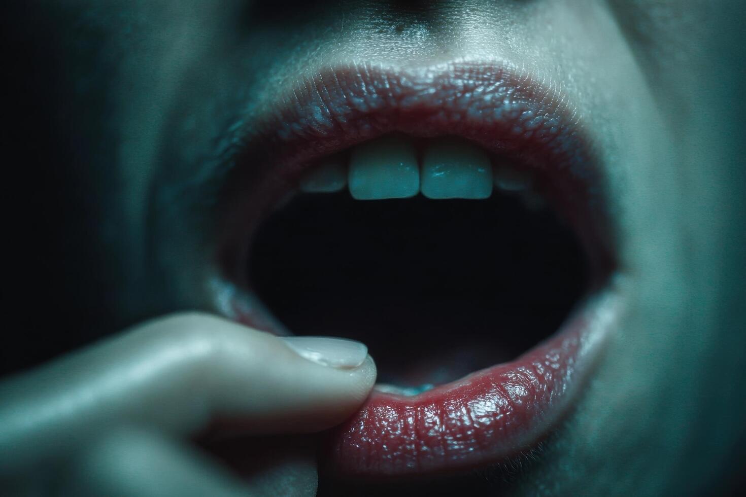 A person with their mouth open and teeth showing photo