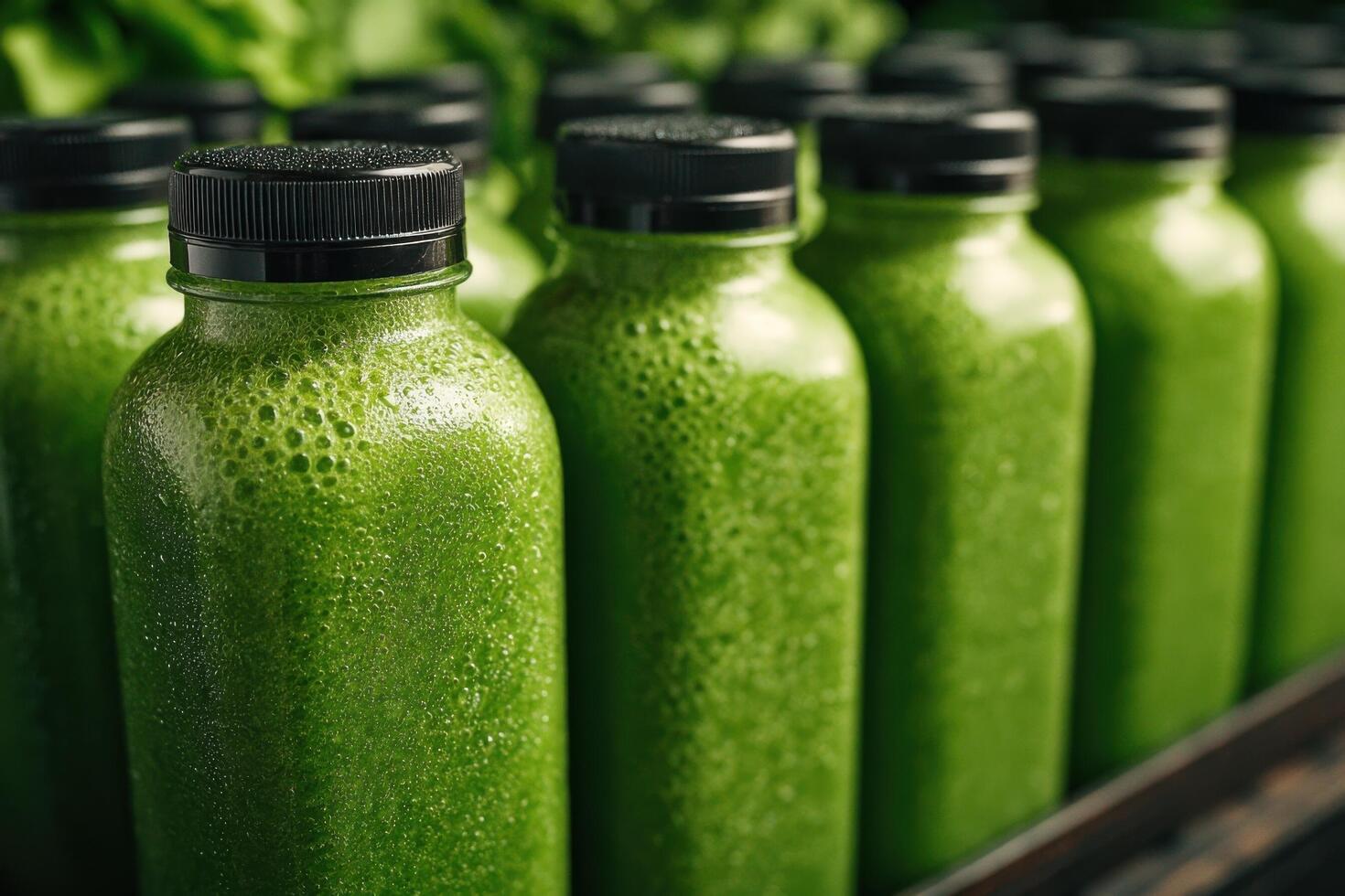 Green juice bottles in a row photo