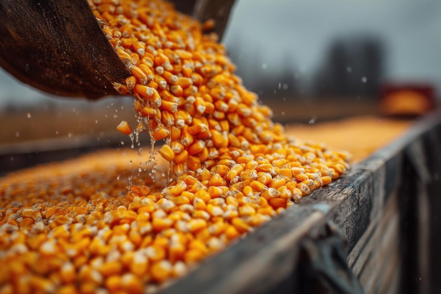 A close up of corn being poured into a bucket photo