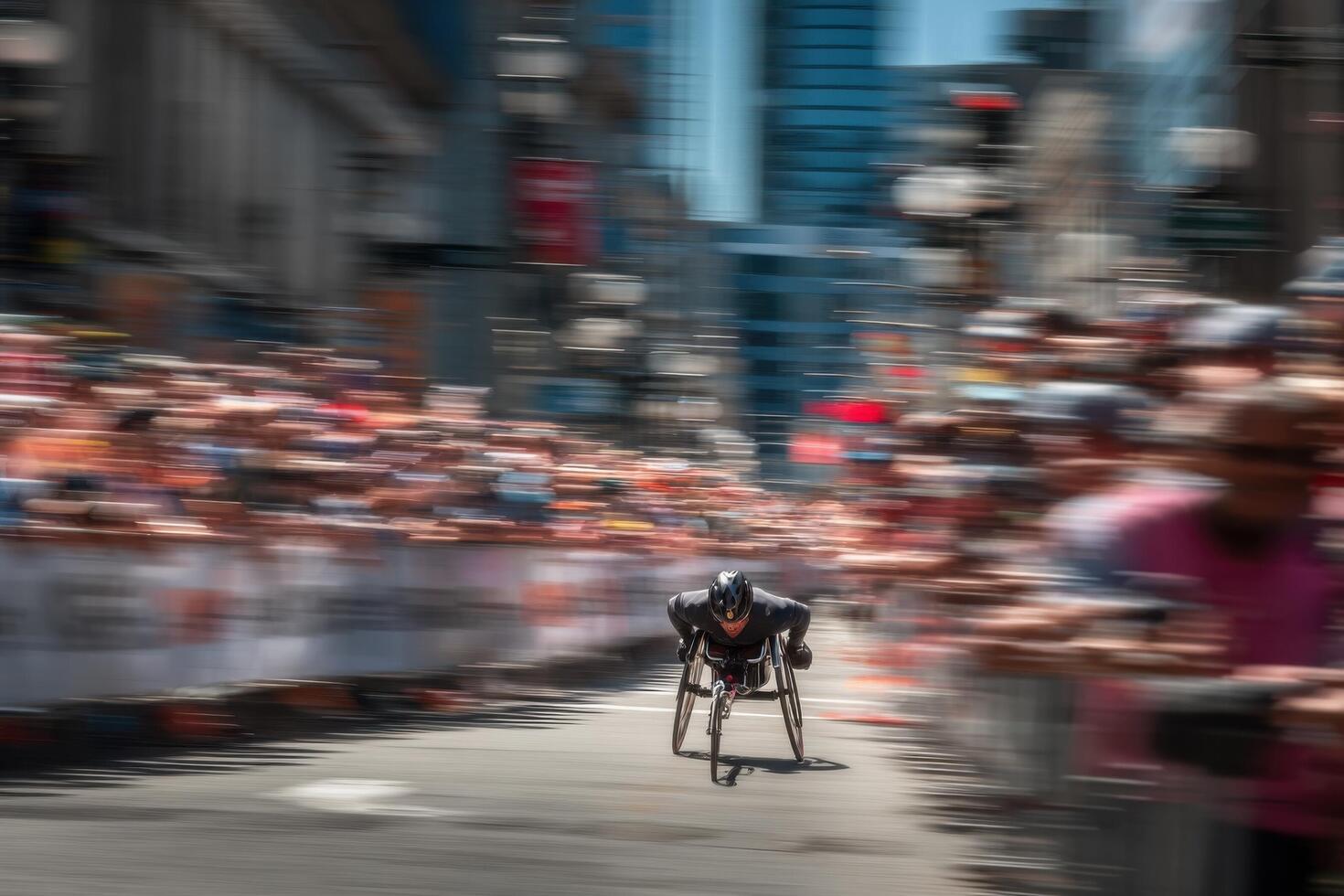 A blurry image of a man in a wheelchair racing down a street photo