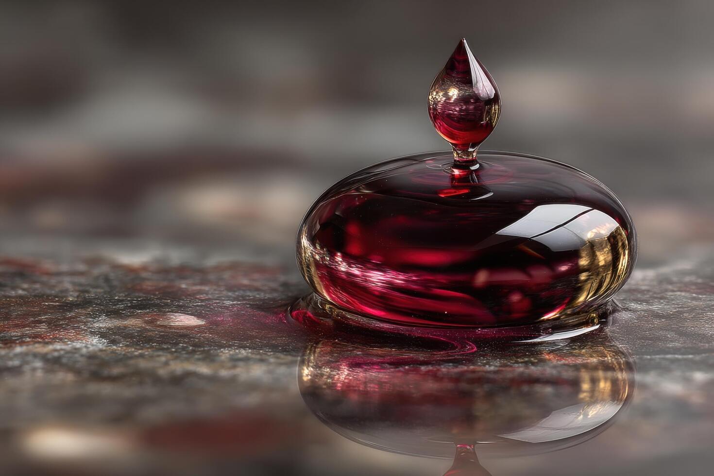 A red liquid drop sitting on top of a marble surface photo