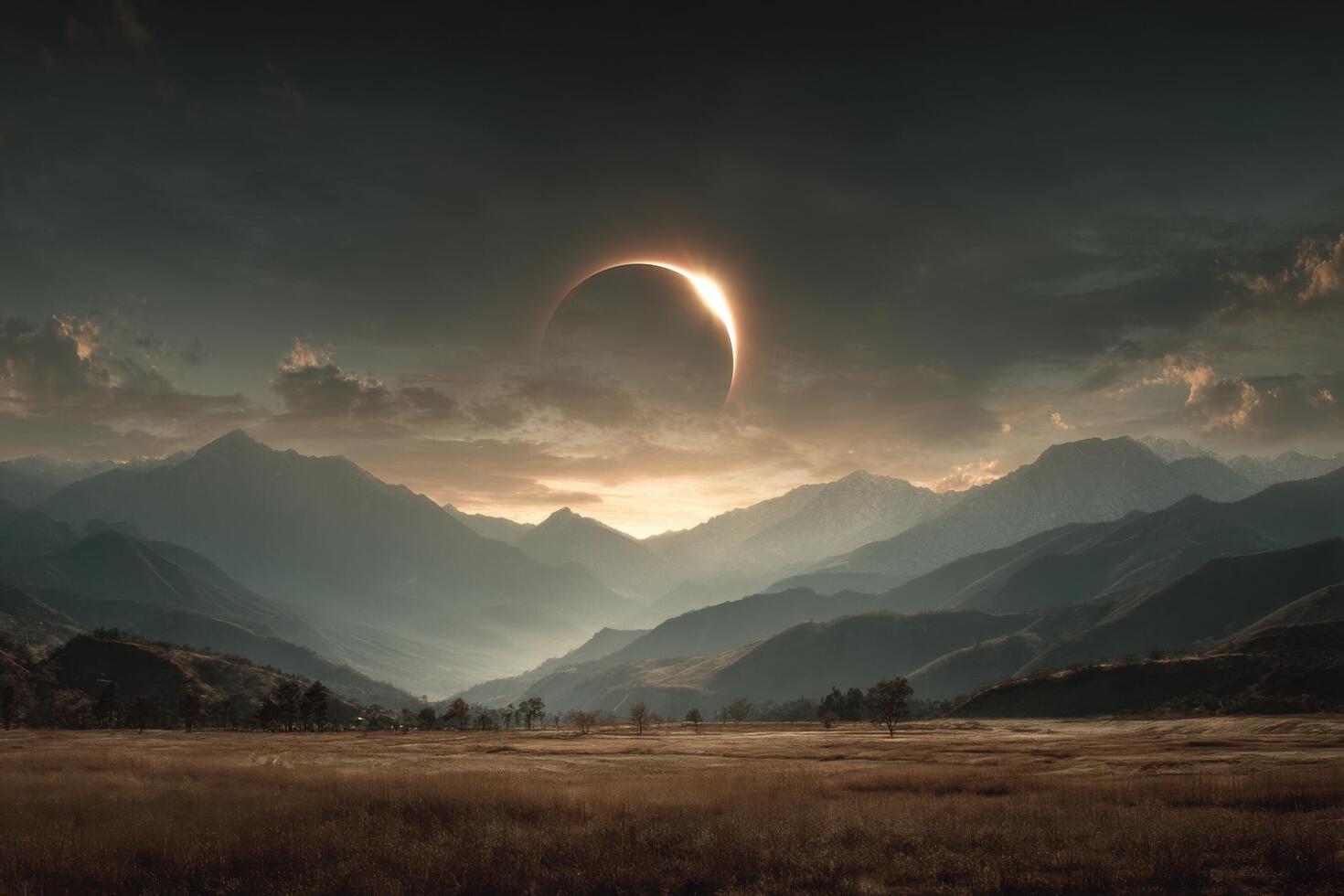 An eclipse is seen over a mountain range photo