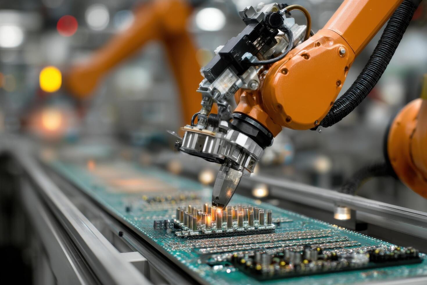 Robots working on a circuit board in an assembly line photo