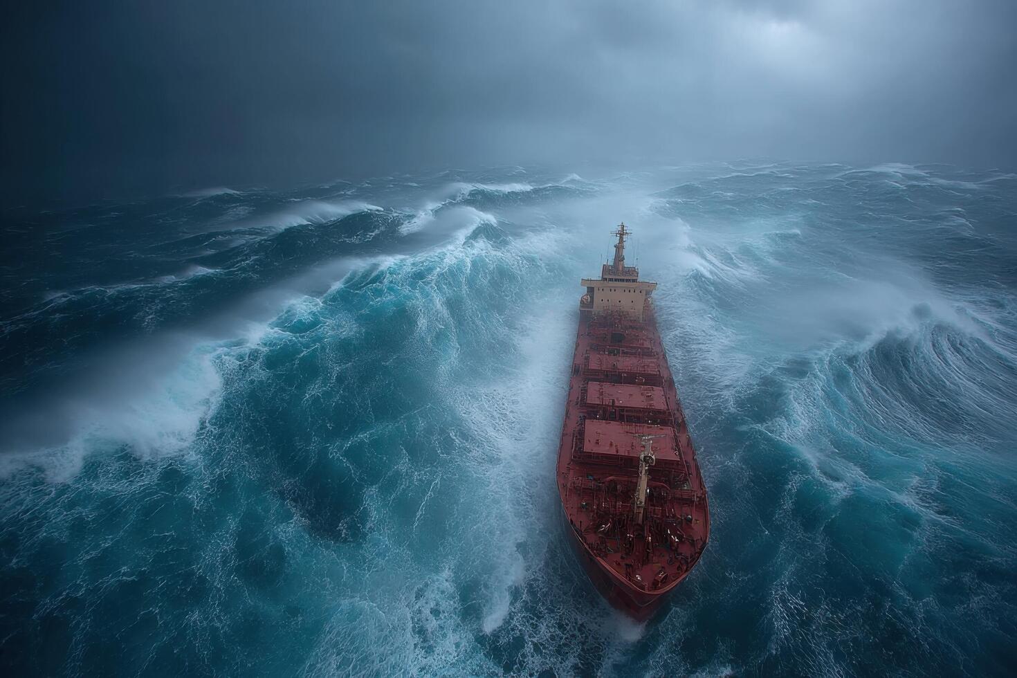 A red cargo ship in rough seas photo
