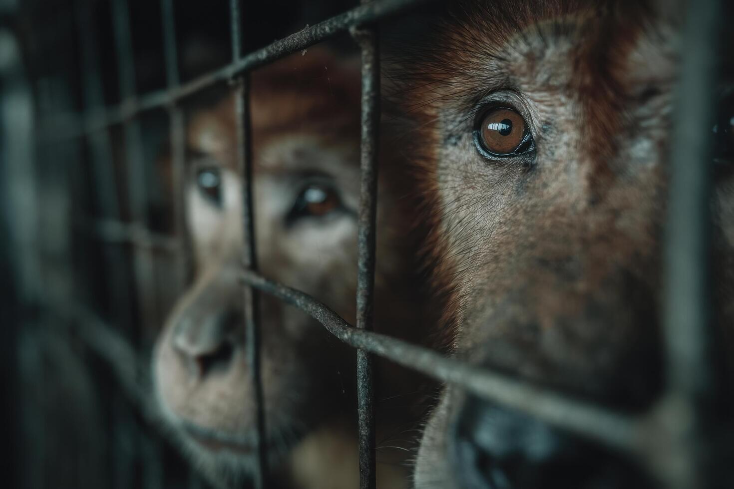 Two monkeys look through the bars of a cage photo