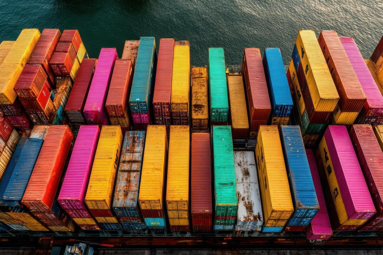 A view of a container ship with many different colored cargo containers photo
